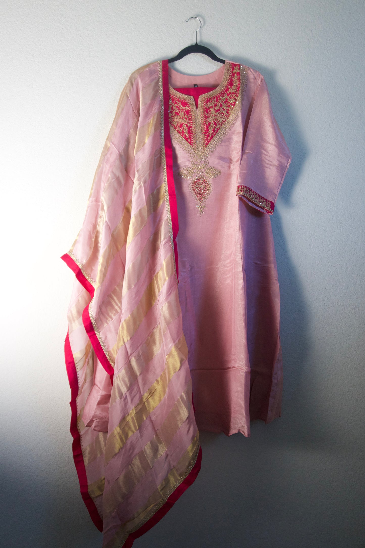 Baby pink tissue A-line kurti set with gorgeous tissue dupatta