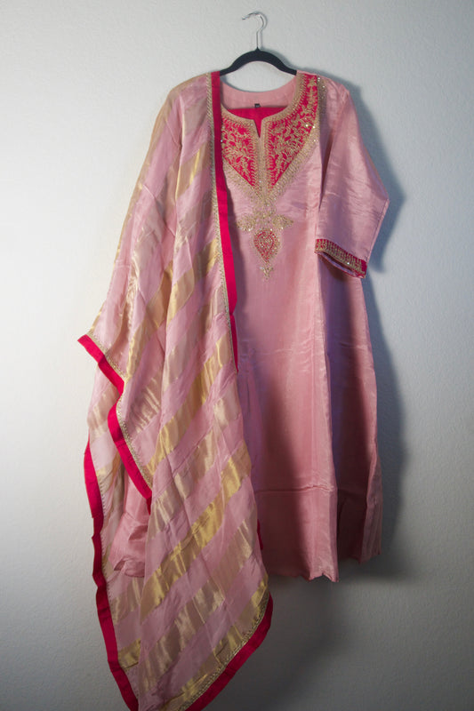 Baby pink tissue A-line kurti set with gorgeous tissue dupatta