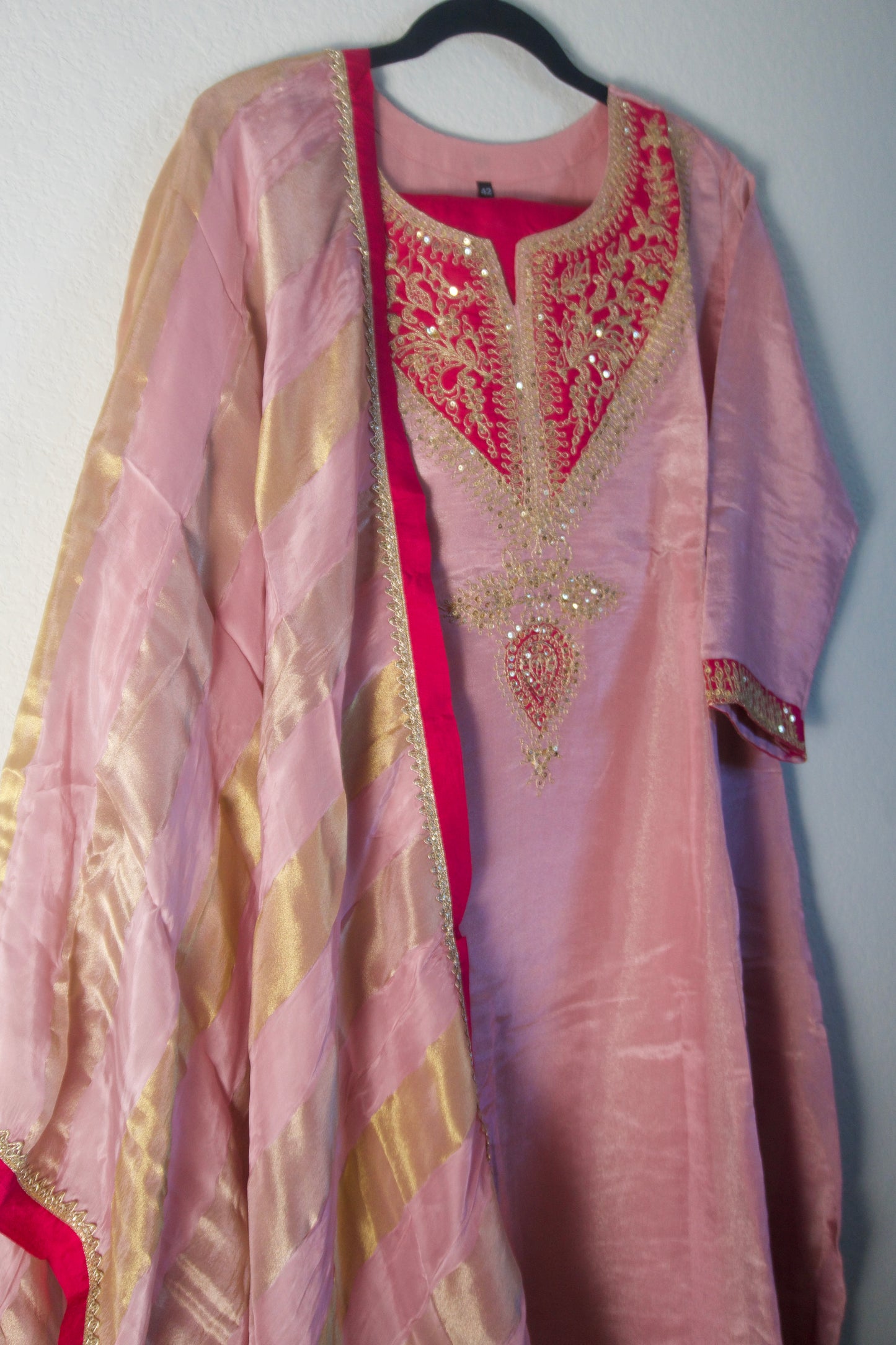 Baby pink tissue A-line kurti set with gorgeous tissue dupatta