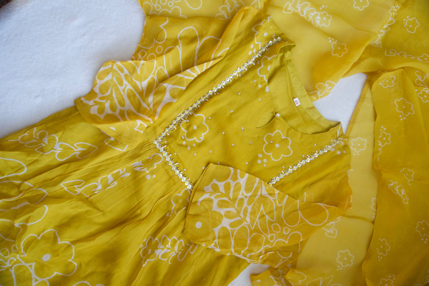 Yellow chinnon floral A-line 3 piece kurti set