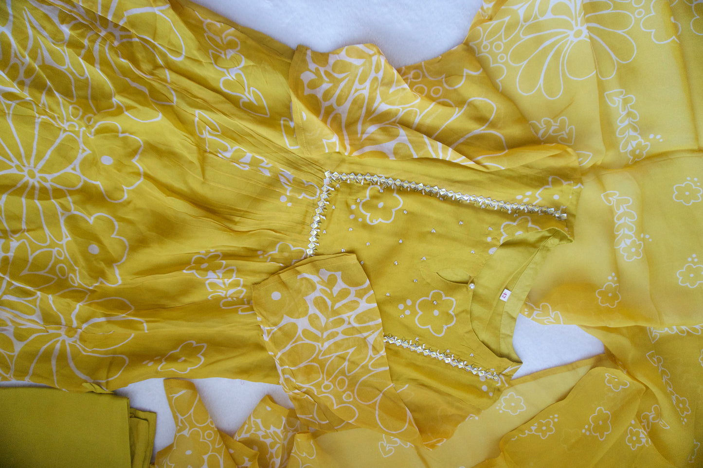 Yellow chinnon floral A-line 3 piece kurti set