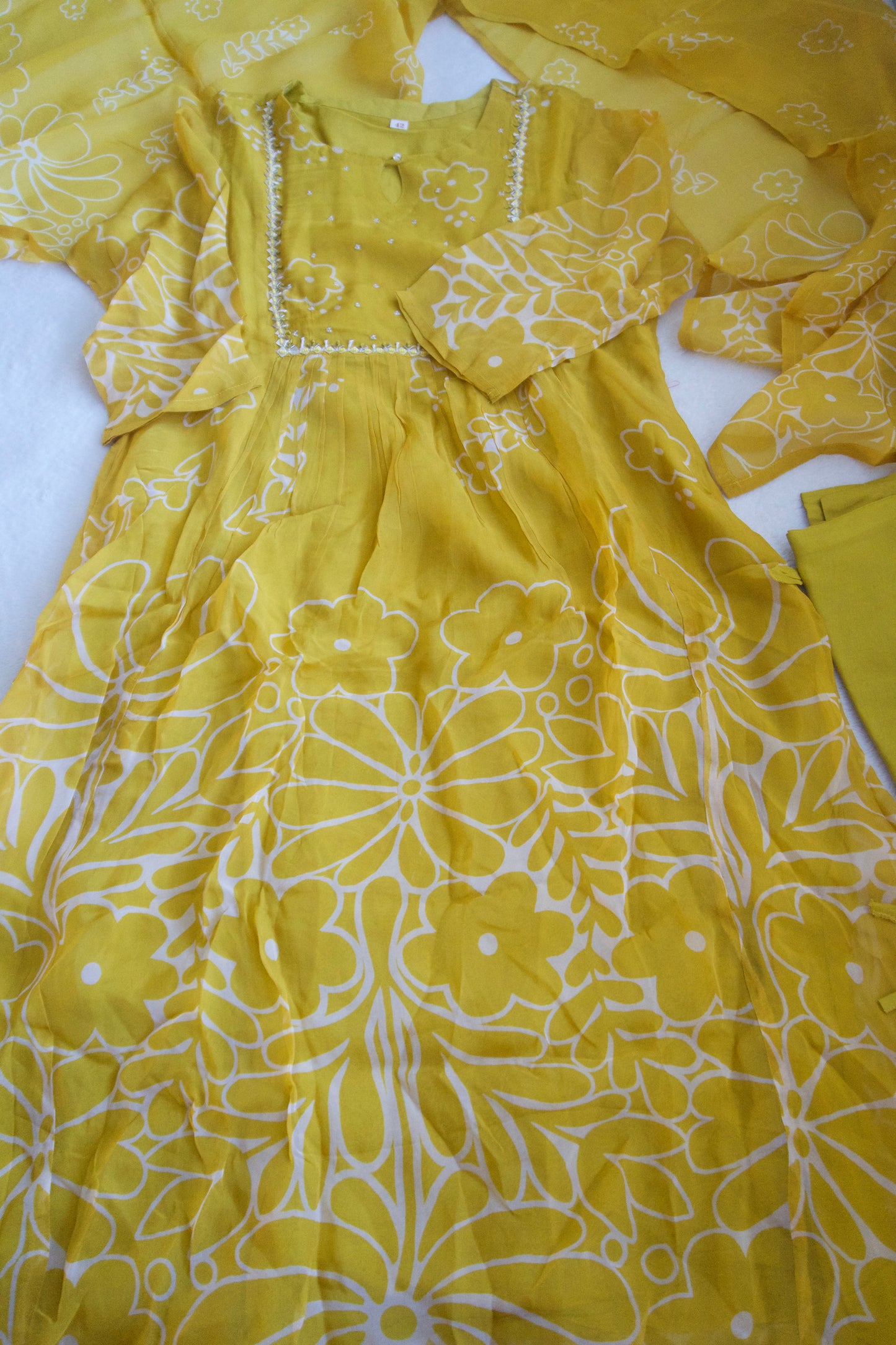 Yellow chinnon floral A-line 3 piece kurti set
