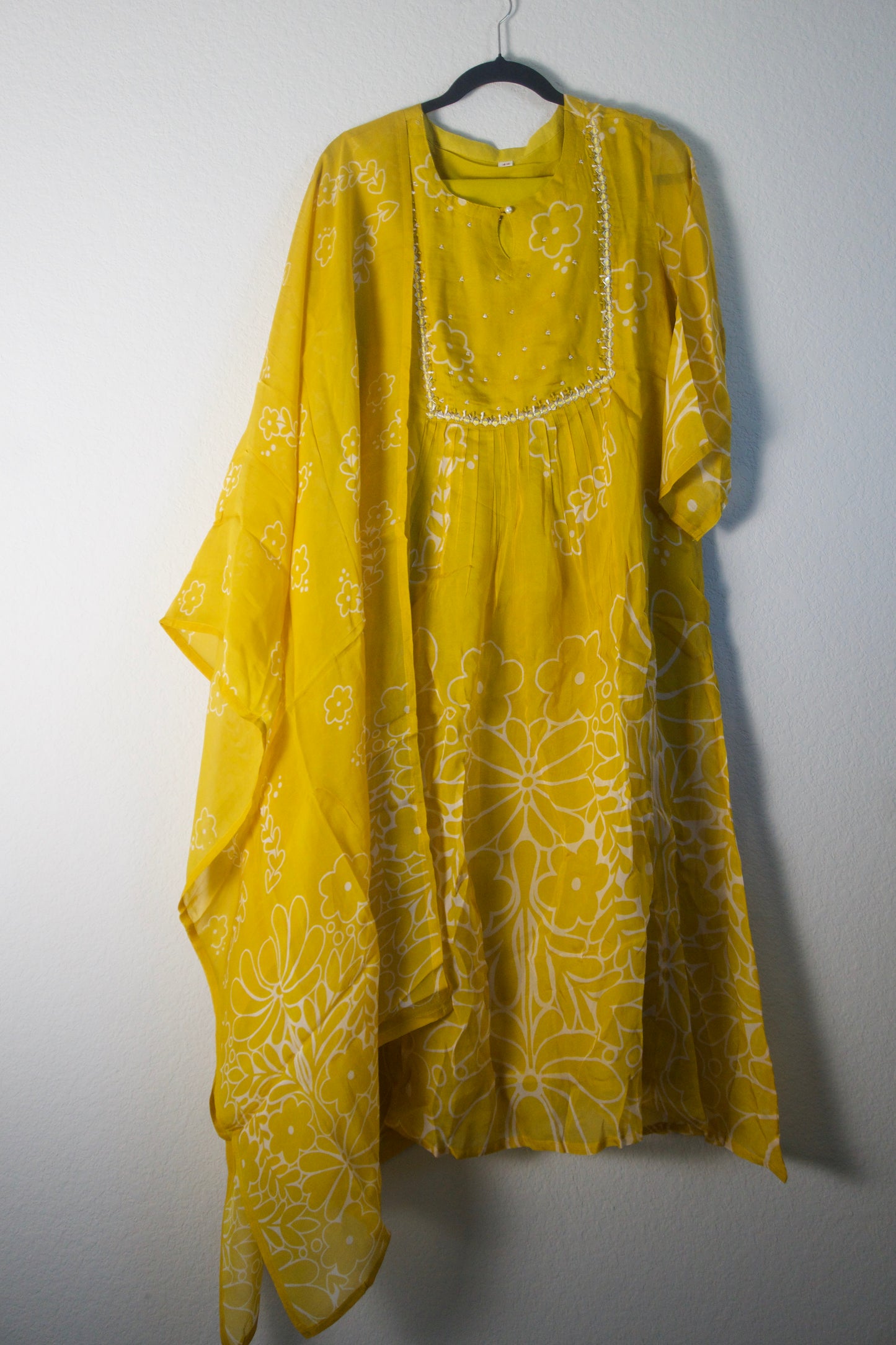 Yellow chinnon floral A-line 3 piece kurti set