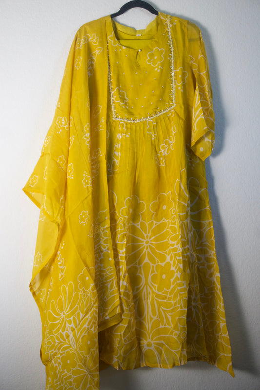 Yellow chinnon floral A-line 3 piece kurti set