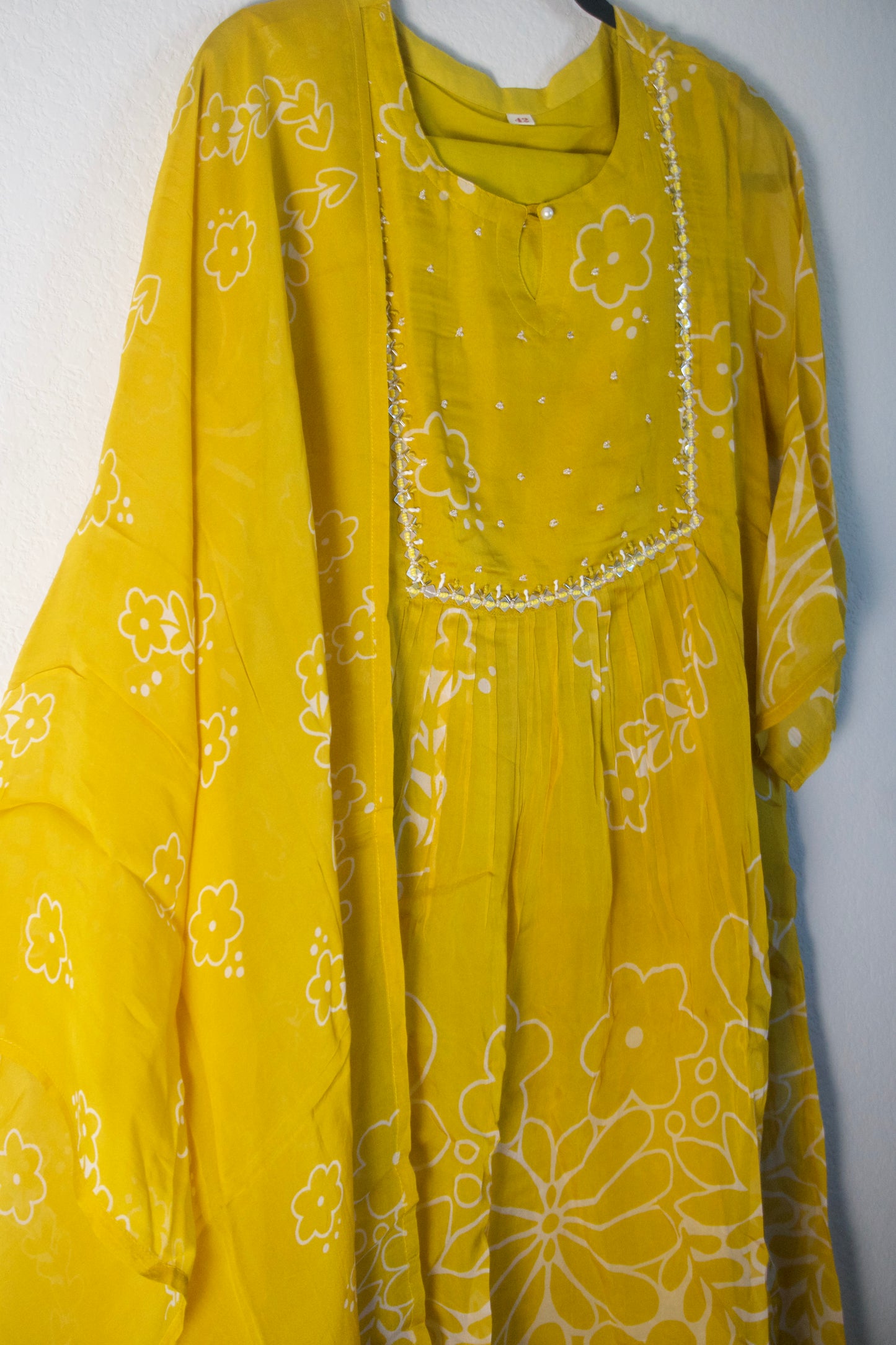 Yellow chinnon floral A-line 3 piece kurti set