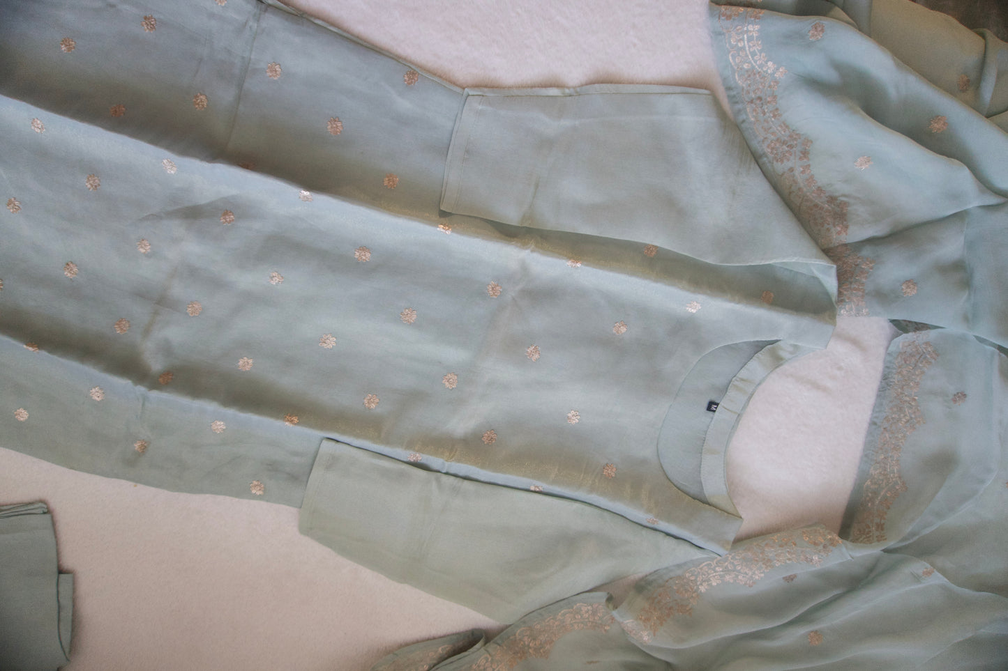 Powder green tissue straight cut 3 piece suit set