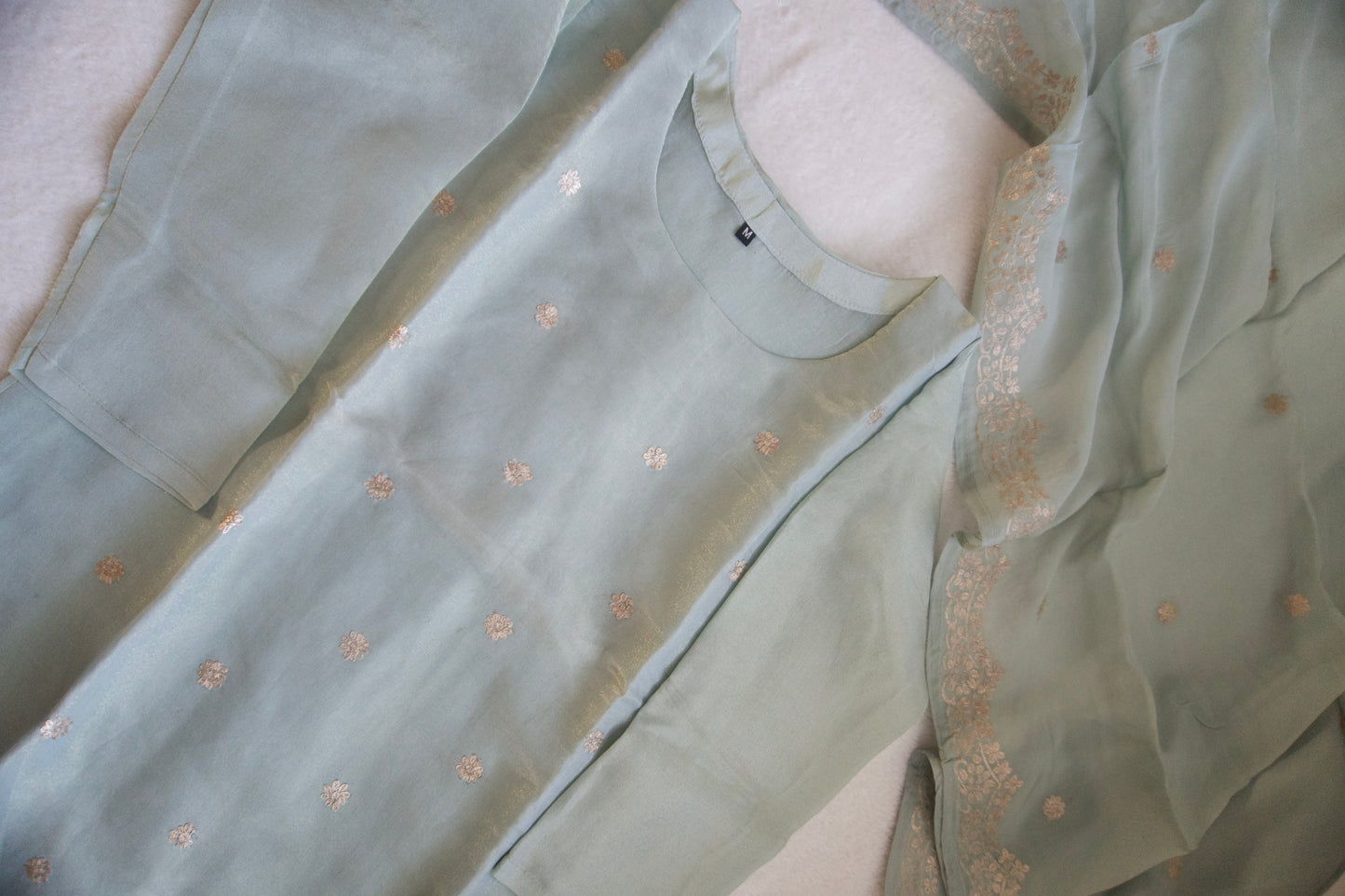 Powder green tissue straight cut 3 piece suit set