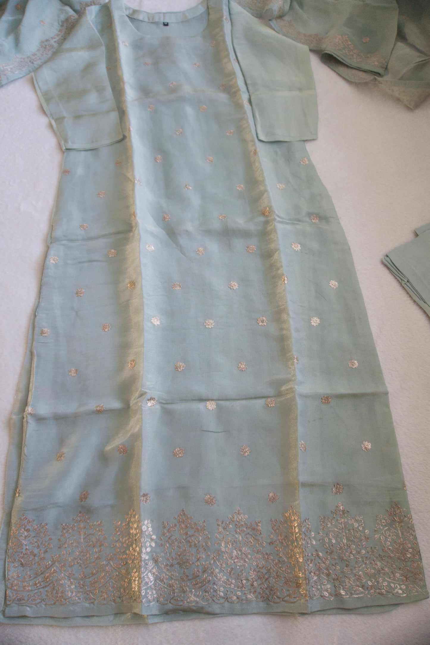 Powder green tissue straight cut 3 piece suit set