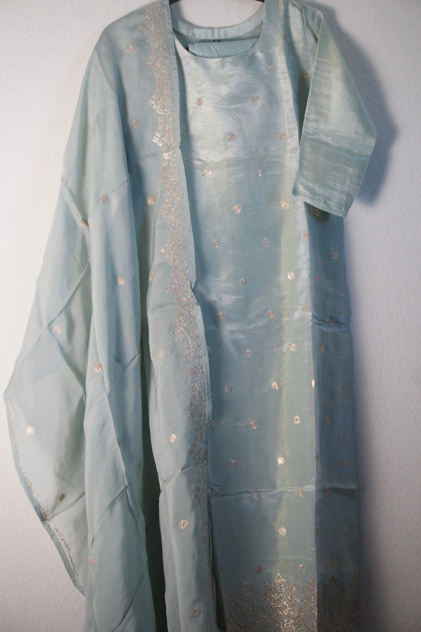 Powder green tissue straight cut 3 piece suit set