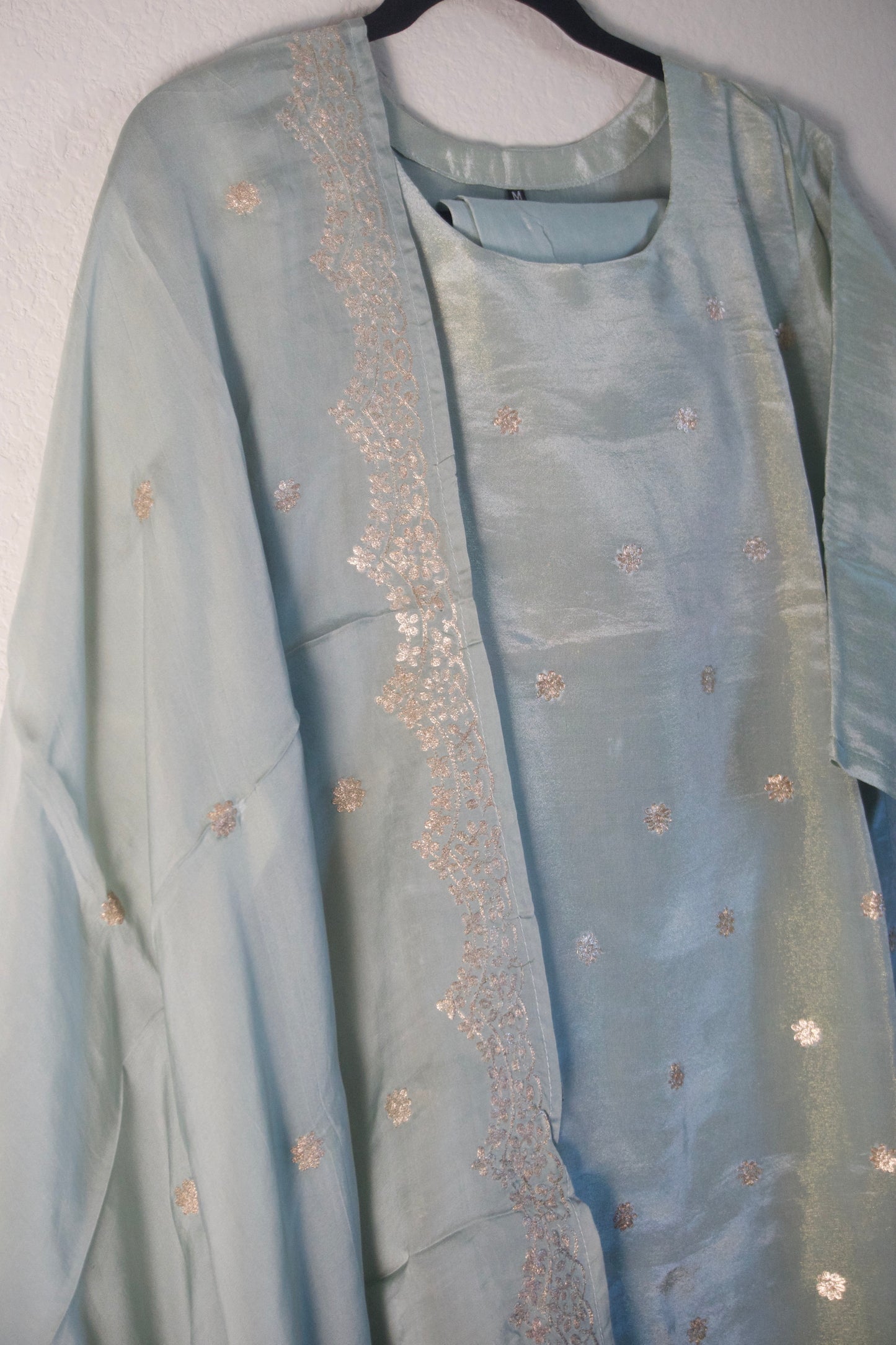 Powder green tissue straight cut 3 piece suit set