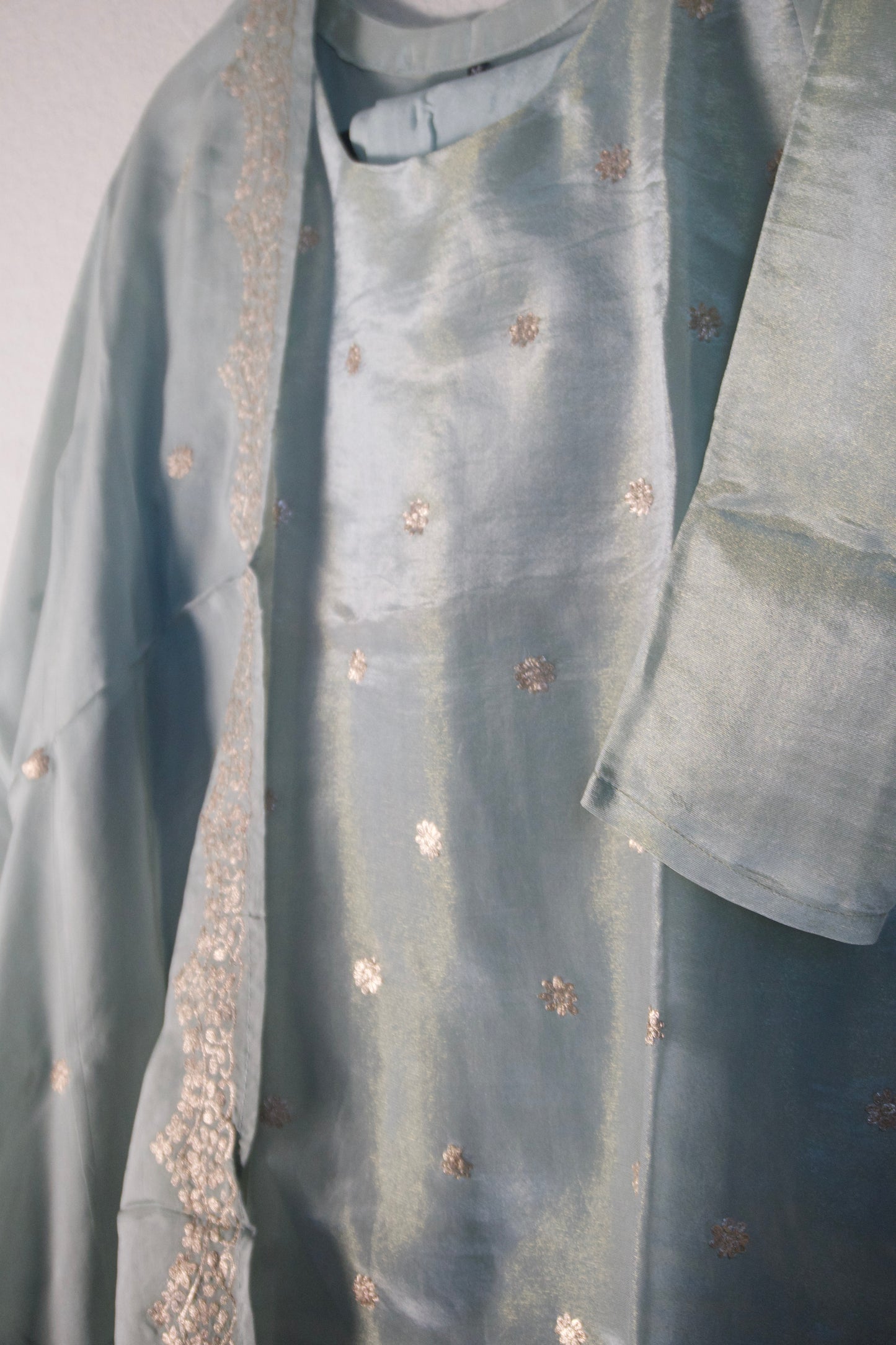 Powder green tissue straight cut 3 piece suit set