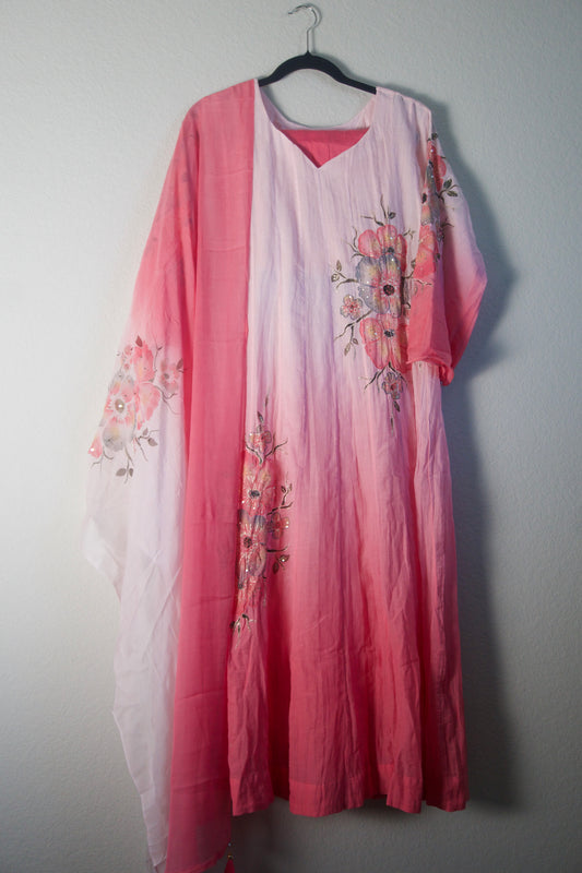 Pink ombre crush mul chanderi A-line suit set