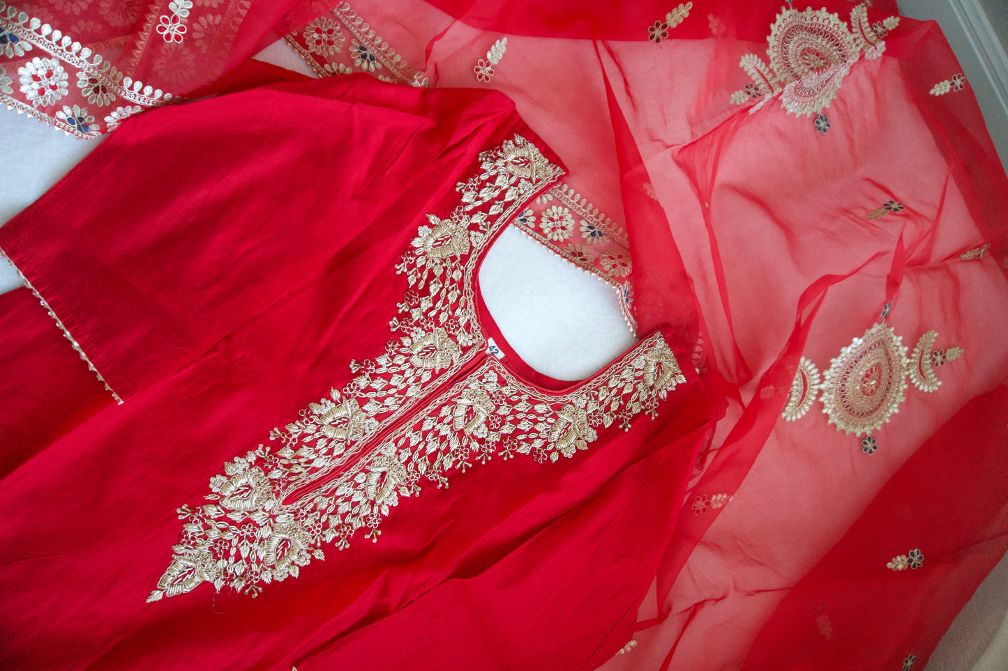 Red Dola Silk Straight Cut Handwork Suit Set