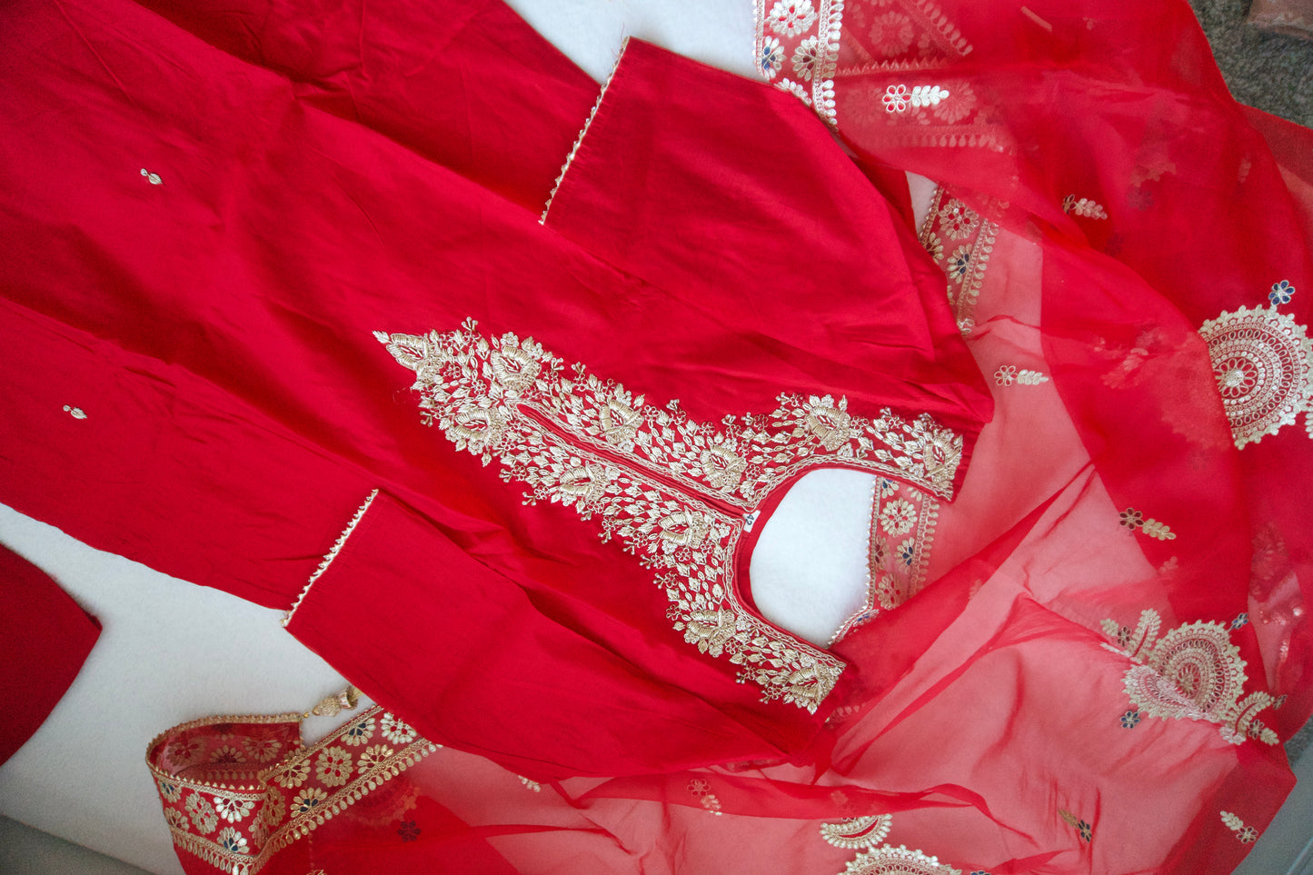 Red Dola Silk Straight Cut Handwork Suit Set