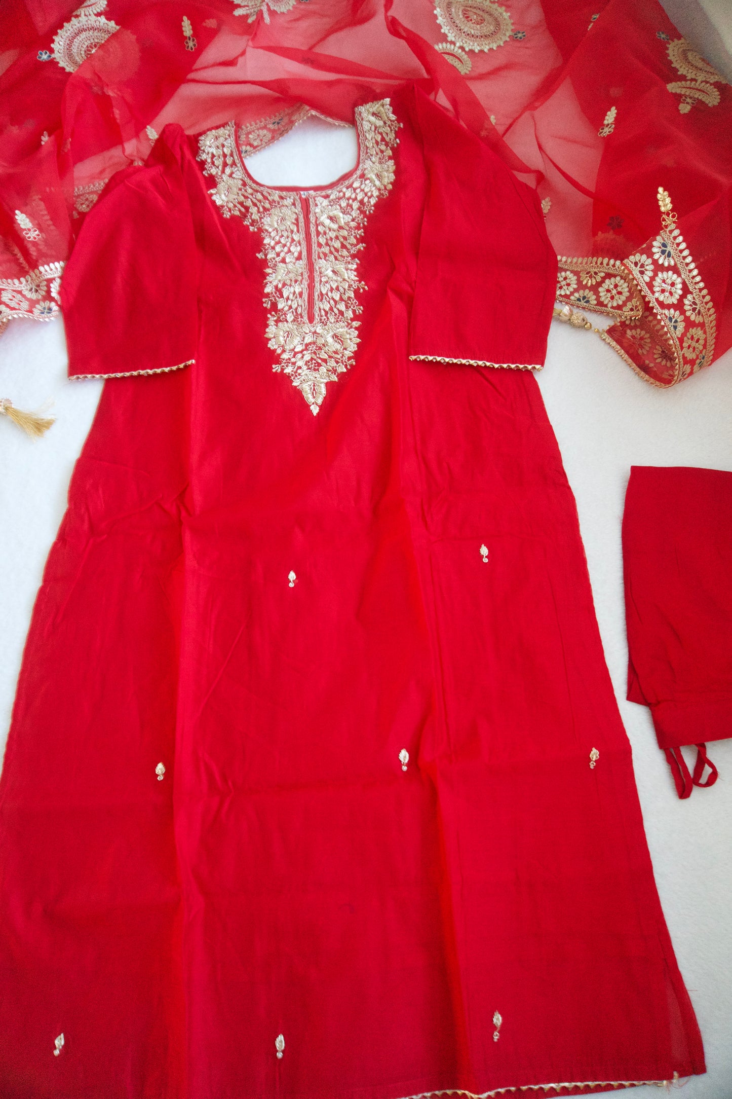 Red Dola Silk Straight Cut Handwork Suit Set
