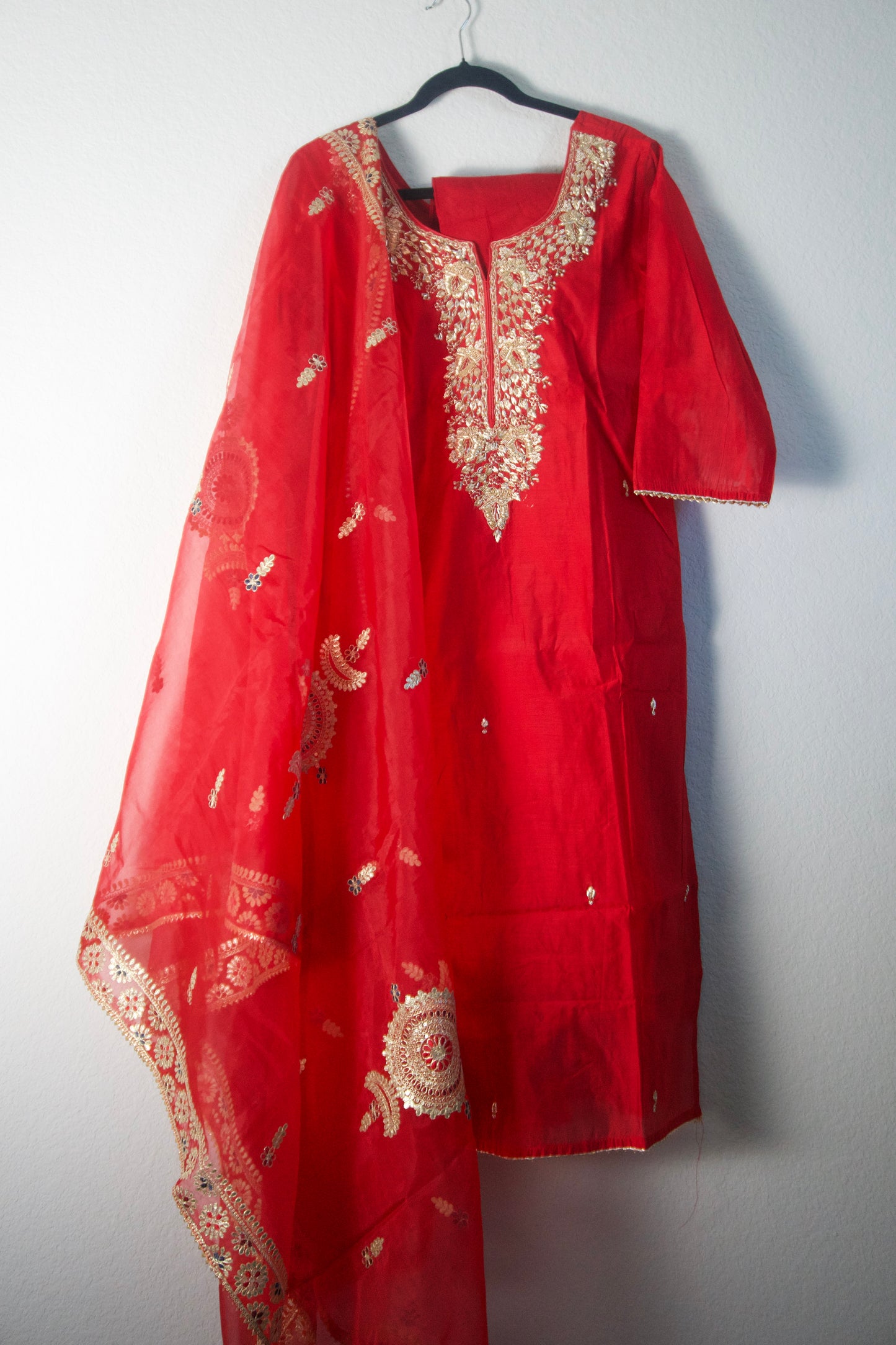 Red Dola Silk Straight Cut Handwork Suit Set