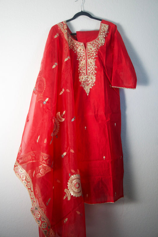 Red Dola Silk Straight Cut Handwork Suit Set
