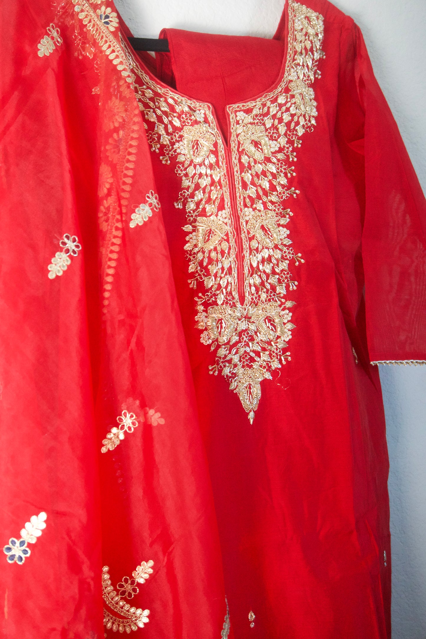 Red Dola Silk Straight Cut Handwork Suit Set
