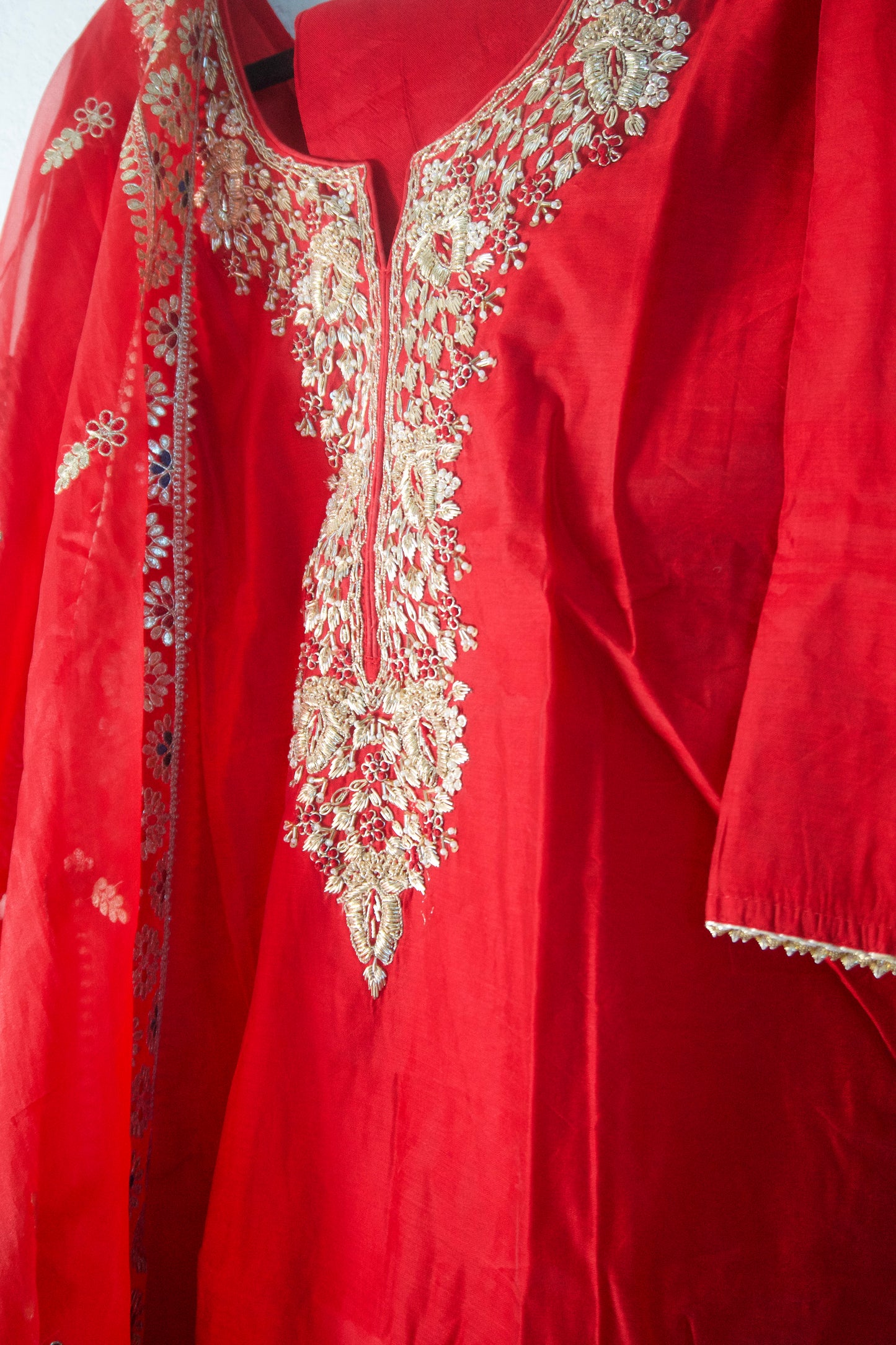 Red Dola Silk Straight Cut Handwork Suit Set