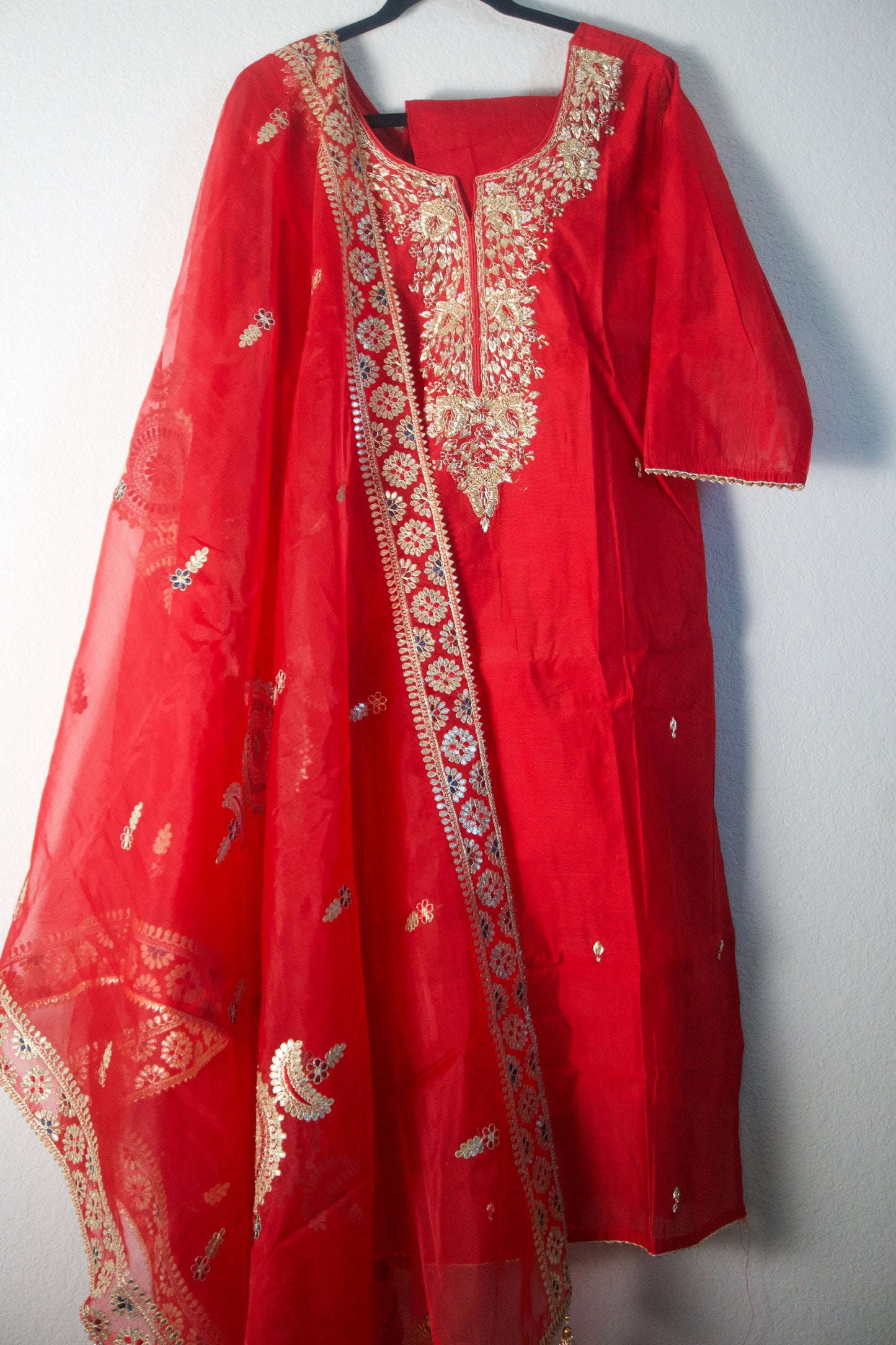 Red Dola Silk Straight Cut Handwork Suit Set