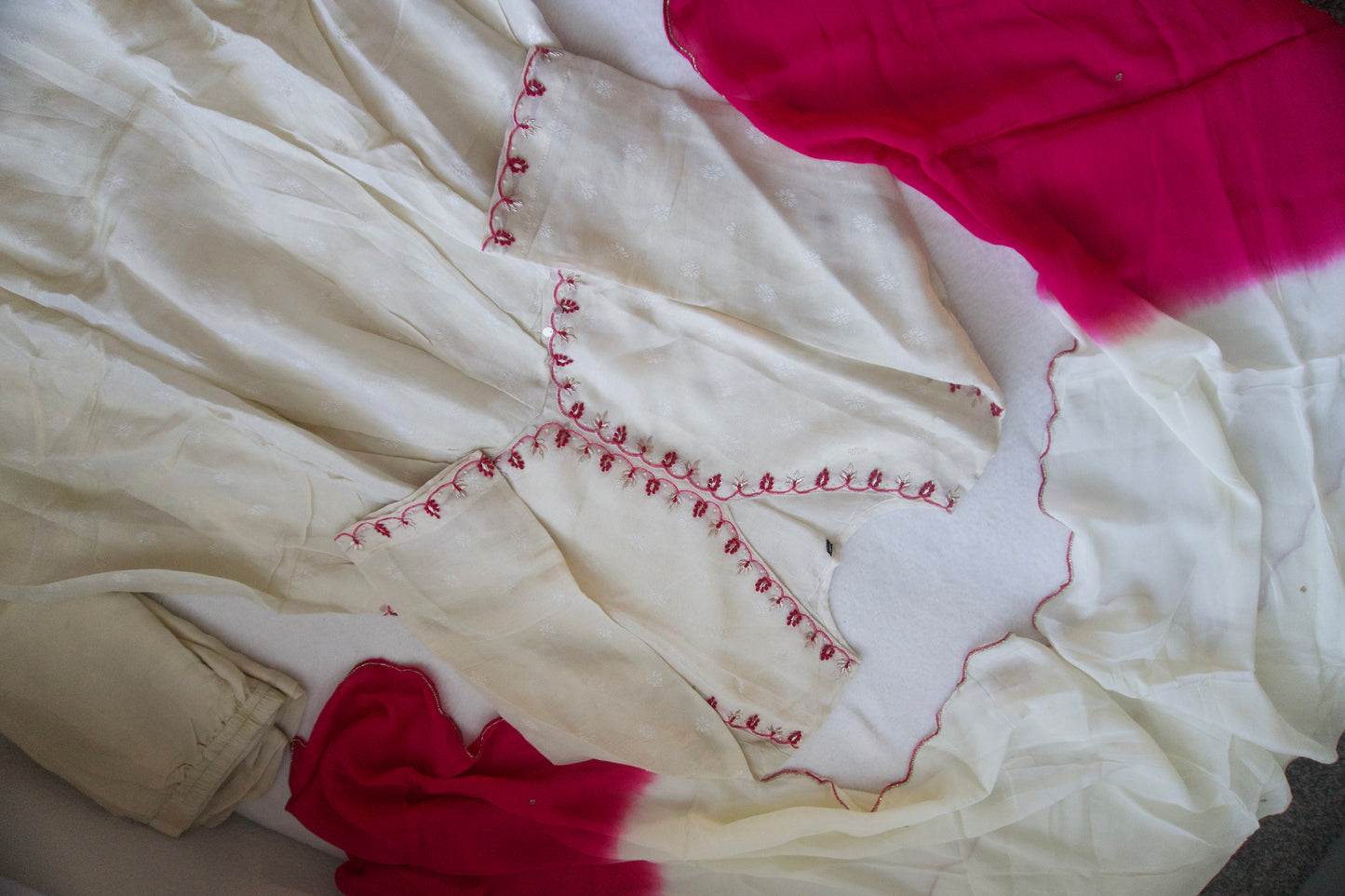 Half White Tissue A-line Suit Set with Pink Ombre Dupatta