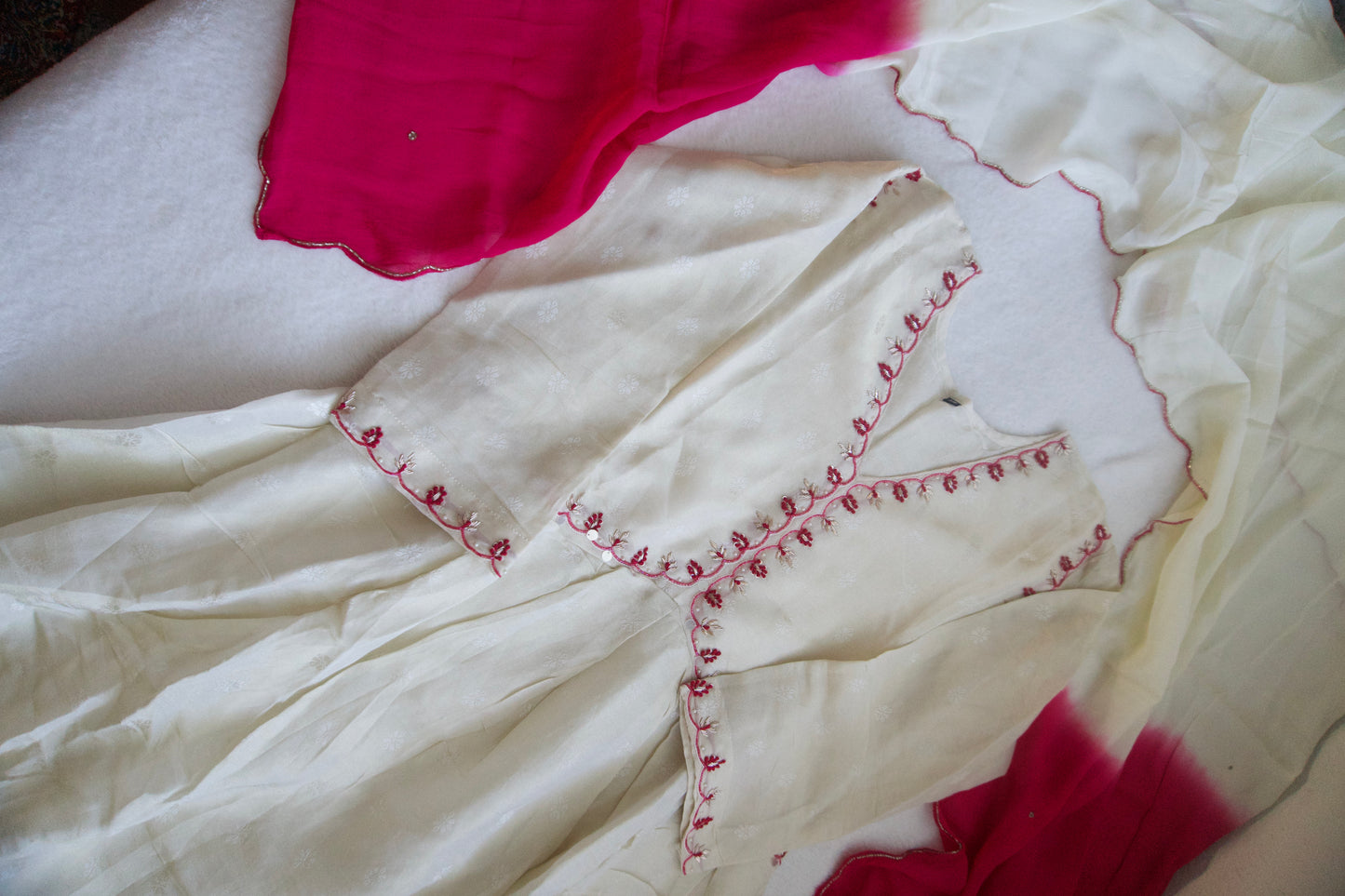 Half White Tissue A-line Suit Set with Pink Ombre Dupatta