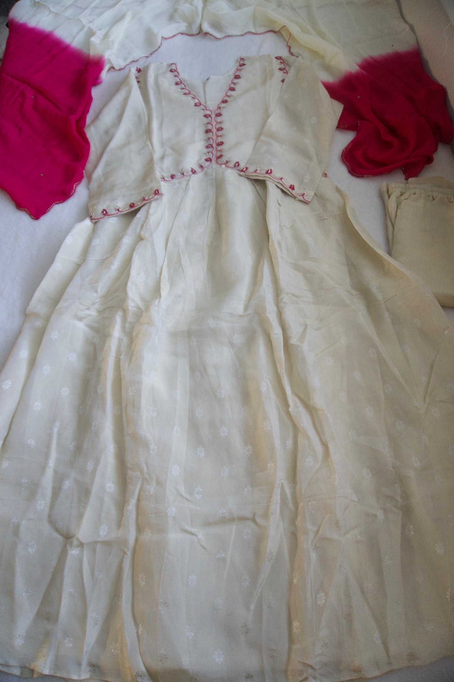 Half White Tissue A-line Suit Set with Pink Ombre Dupatta