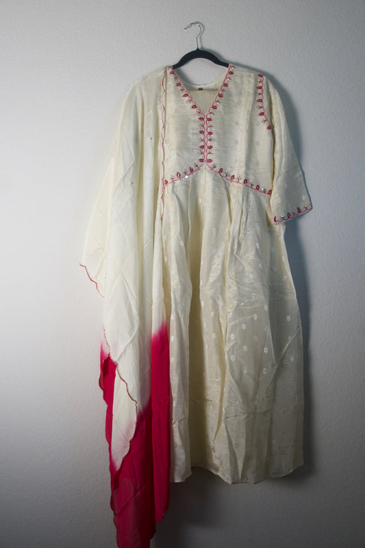 Half White Tissue A-line Suit Set with Pink Ombre Dupatta