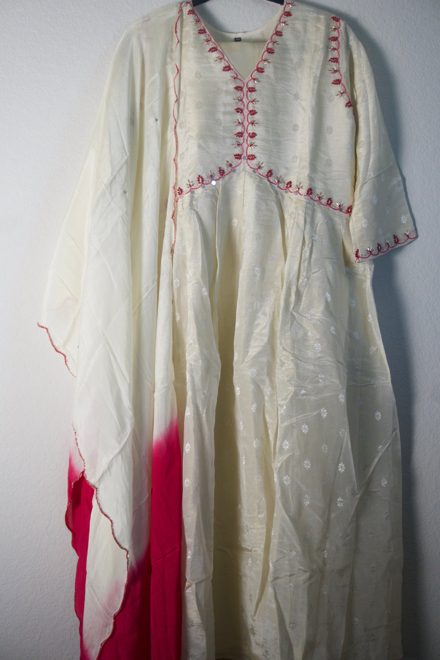 Half White Tissue A-line Suit Set with Pink Ombre Dupatta