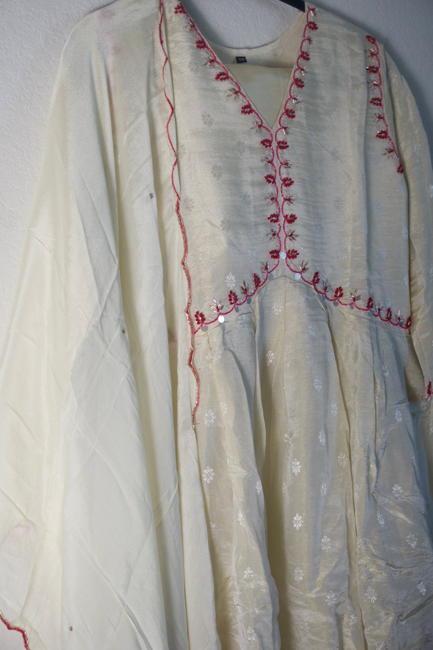 Half White Tissue A-line Suit Set with Pink Ombre Dupatta