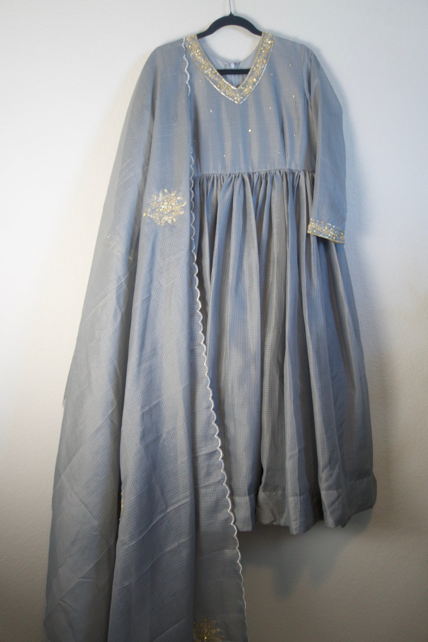 Elephant Gray Kota Handwork Anarkali Set
