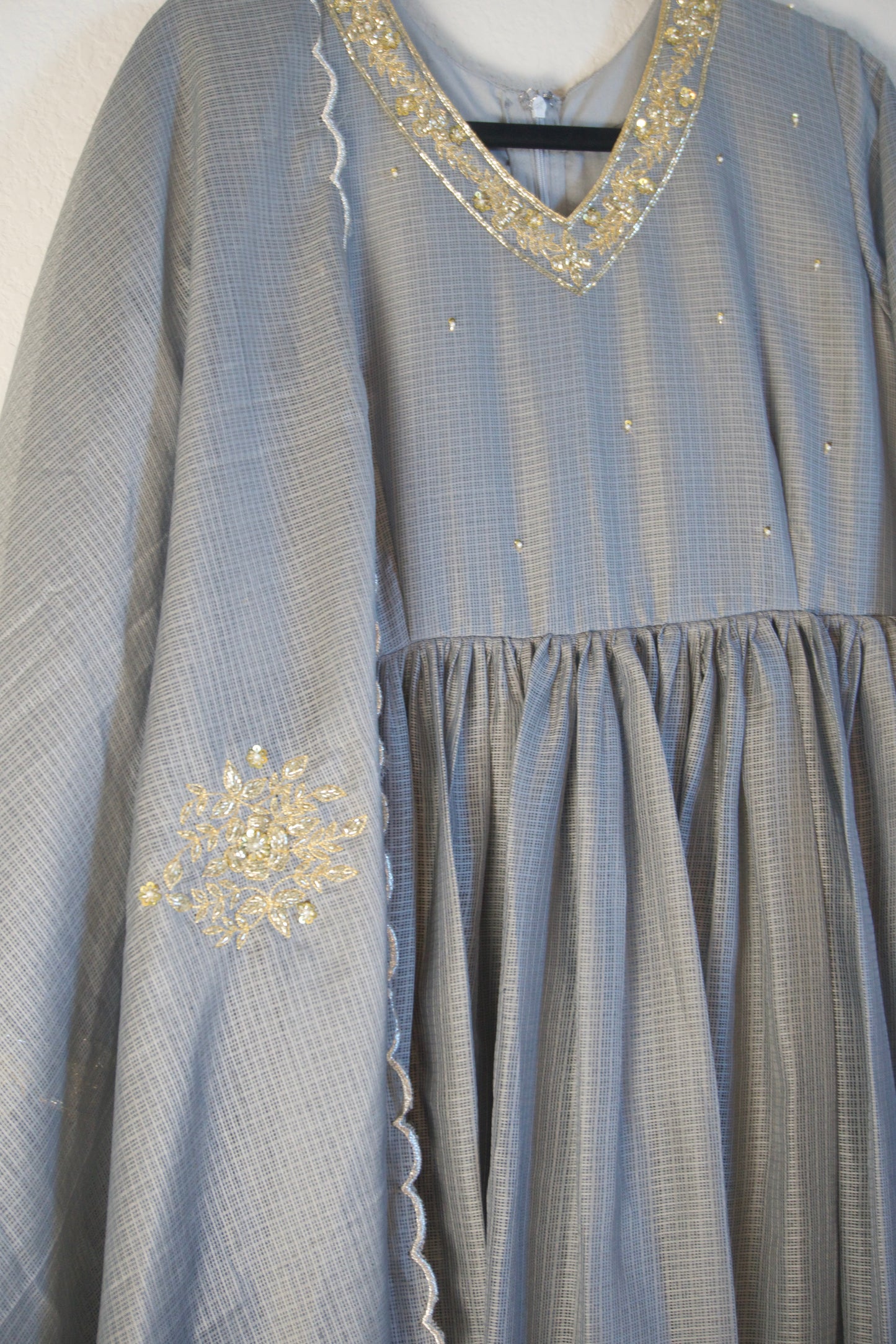 Elephant Gray Kota Handwork Anarkali Set