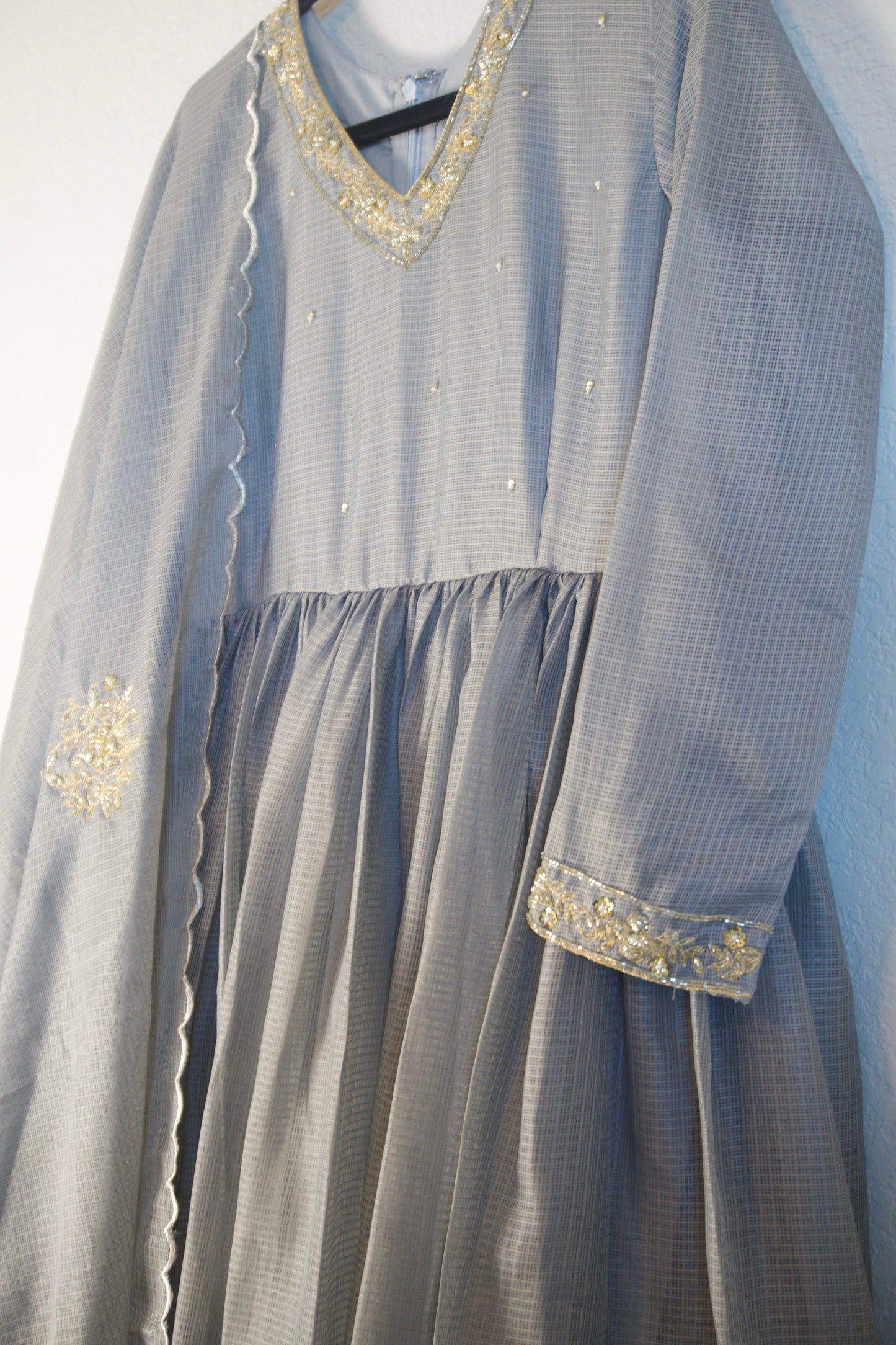Elephant Gray Kota Handwork Anarkali Set