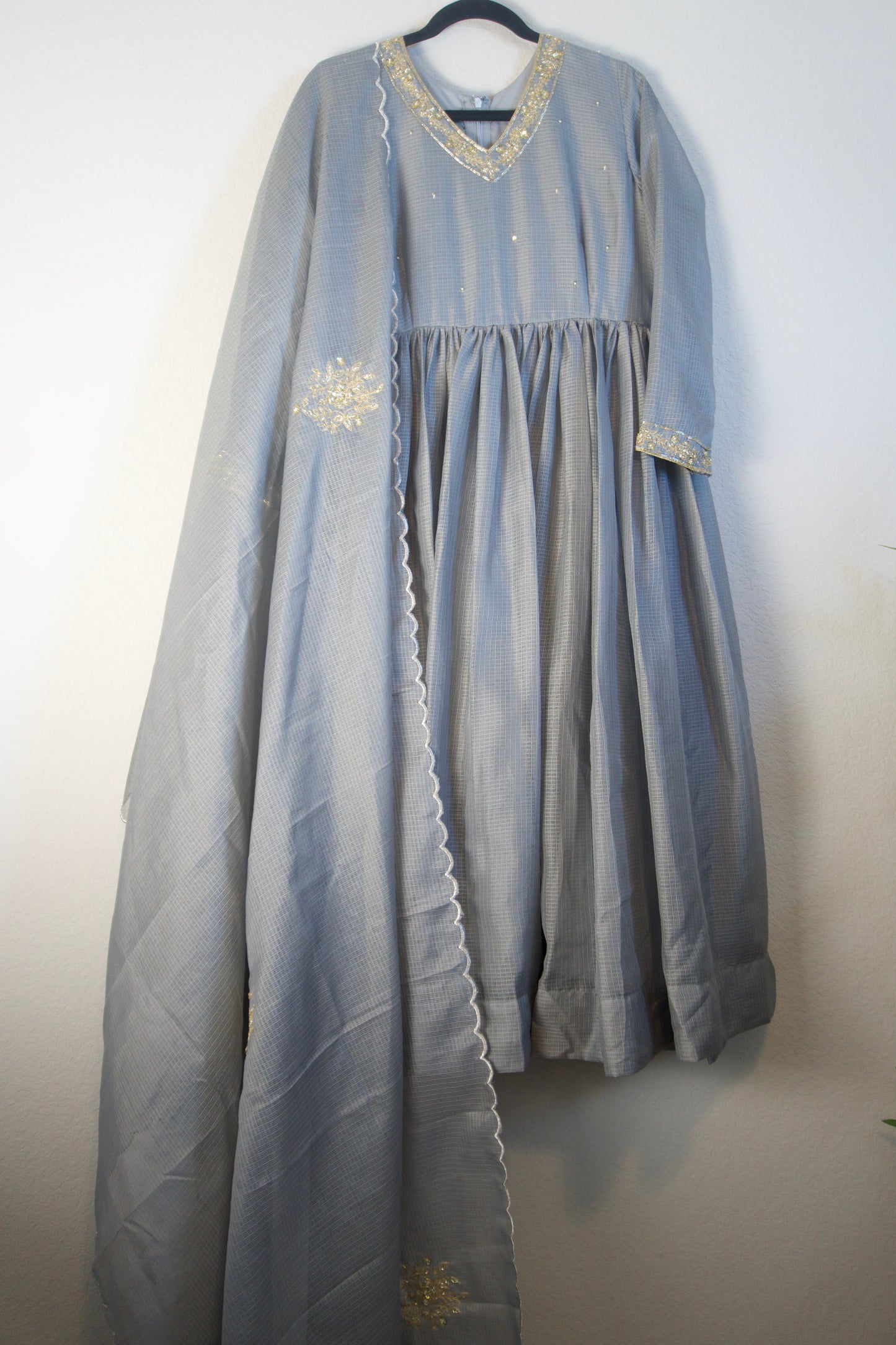 Elephant Gray Kota Handwork Anarkali Set