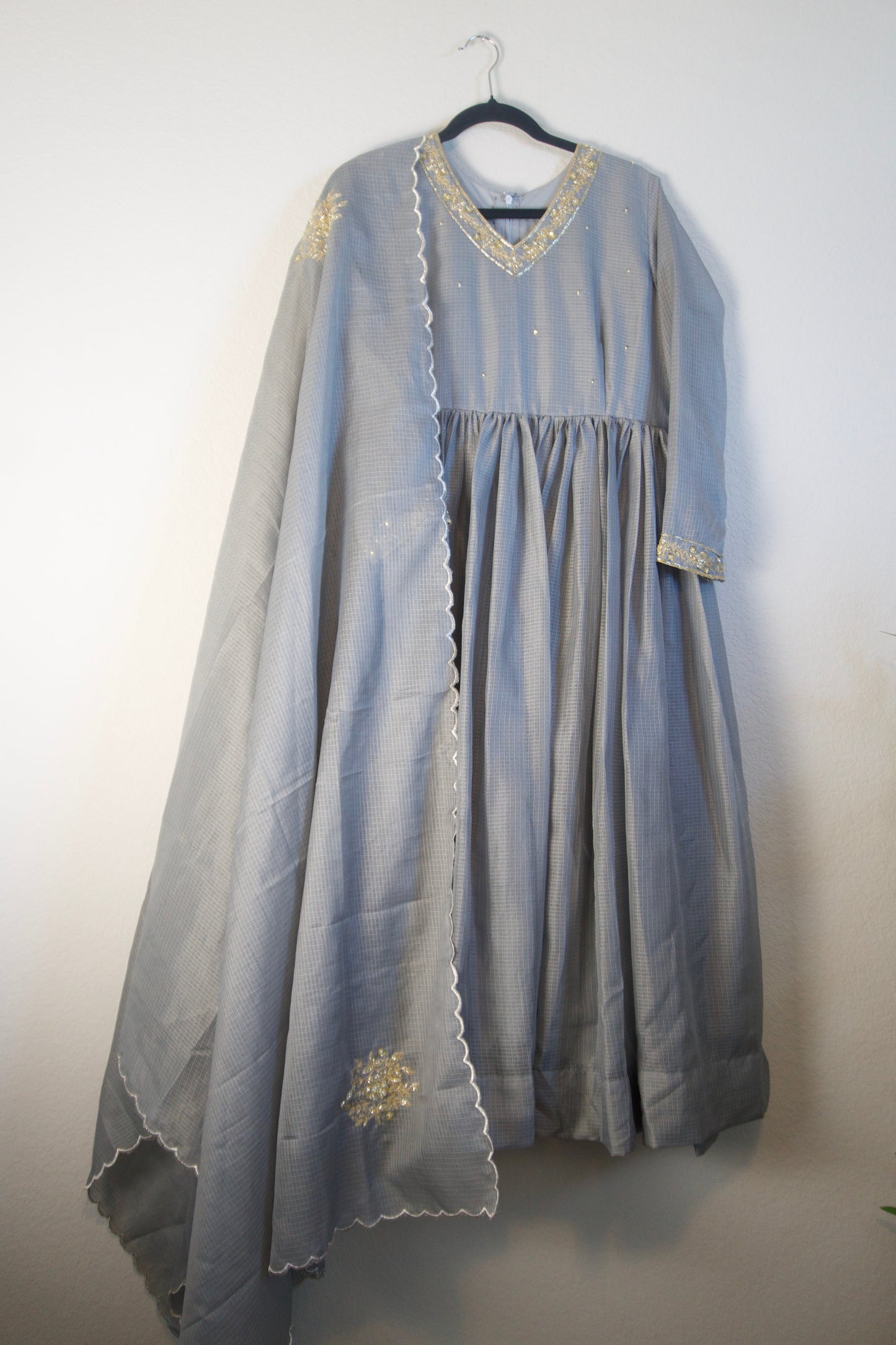 Elephant Gray Kota Handwork Anarkali Set