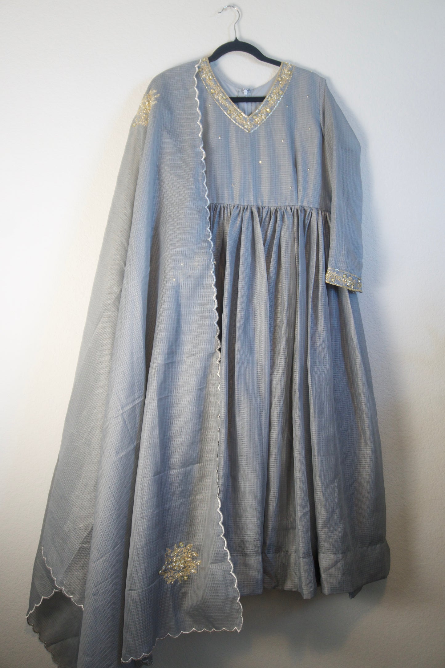 Elephant Gray Kota Handwork Anarkali Set