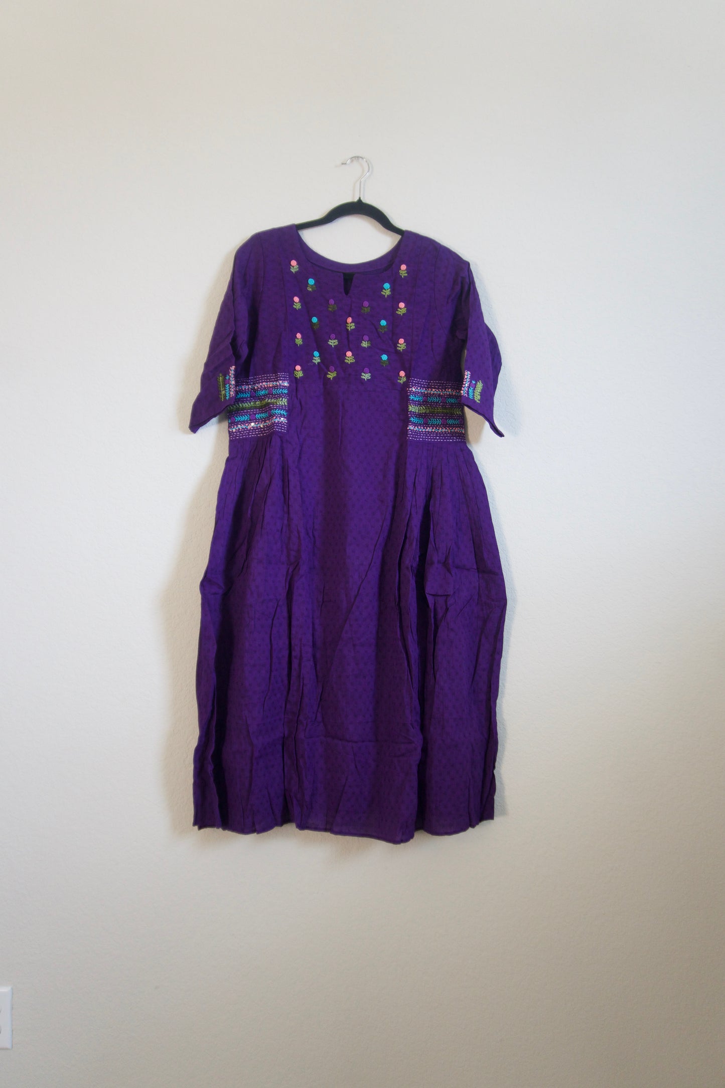 Purple Cotton Weaving One Piece Dress with Hand Embroidery Work