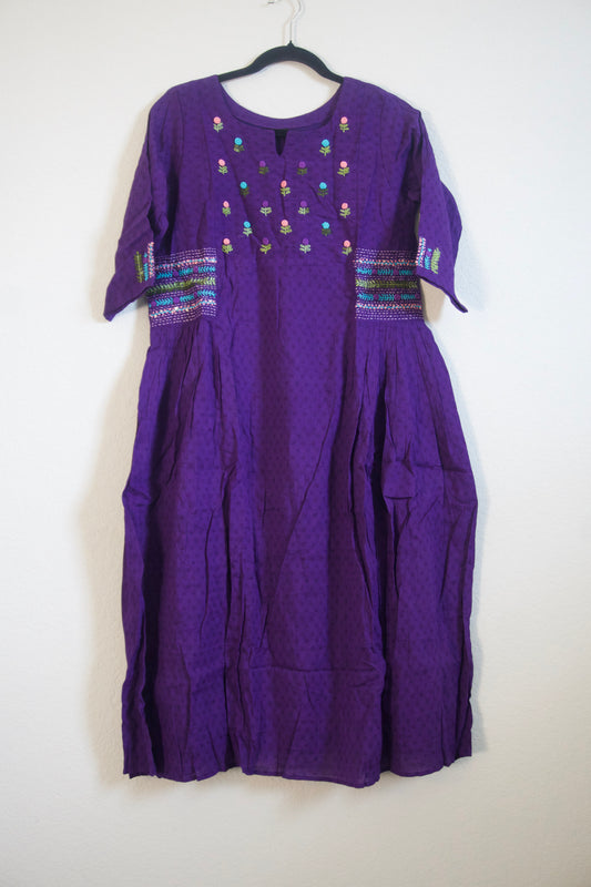 Purple Cotton Weaving One Piece Dress with Hand Embroidery Work