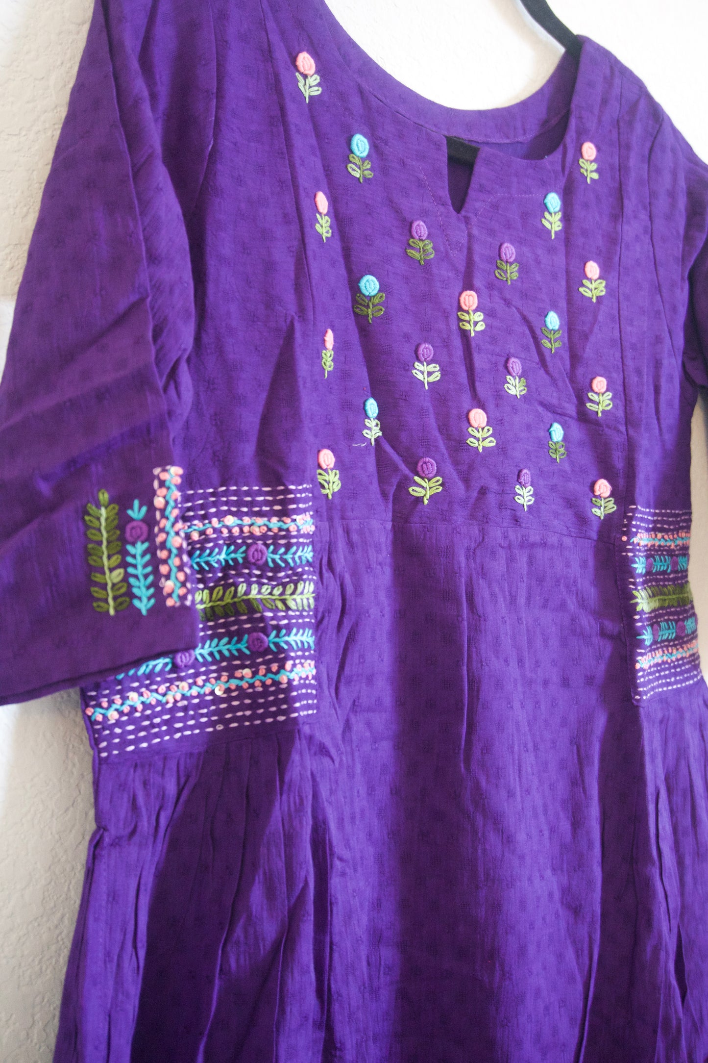 Purple Cotton Weaving One Piece Dress with Hand Embroidery Work