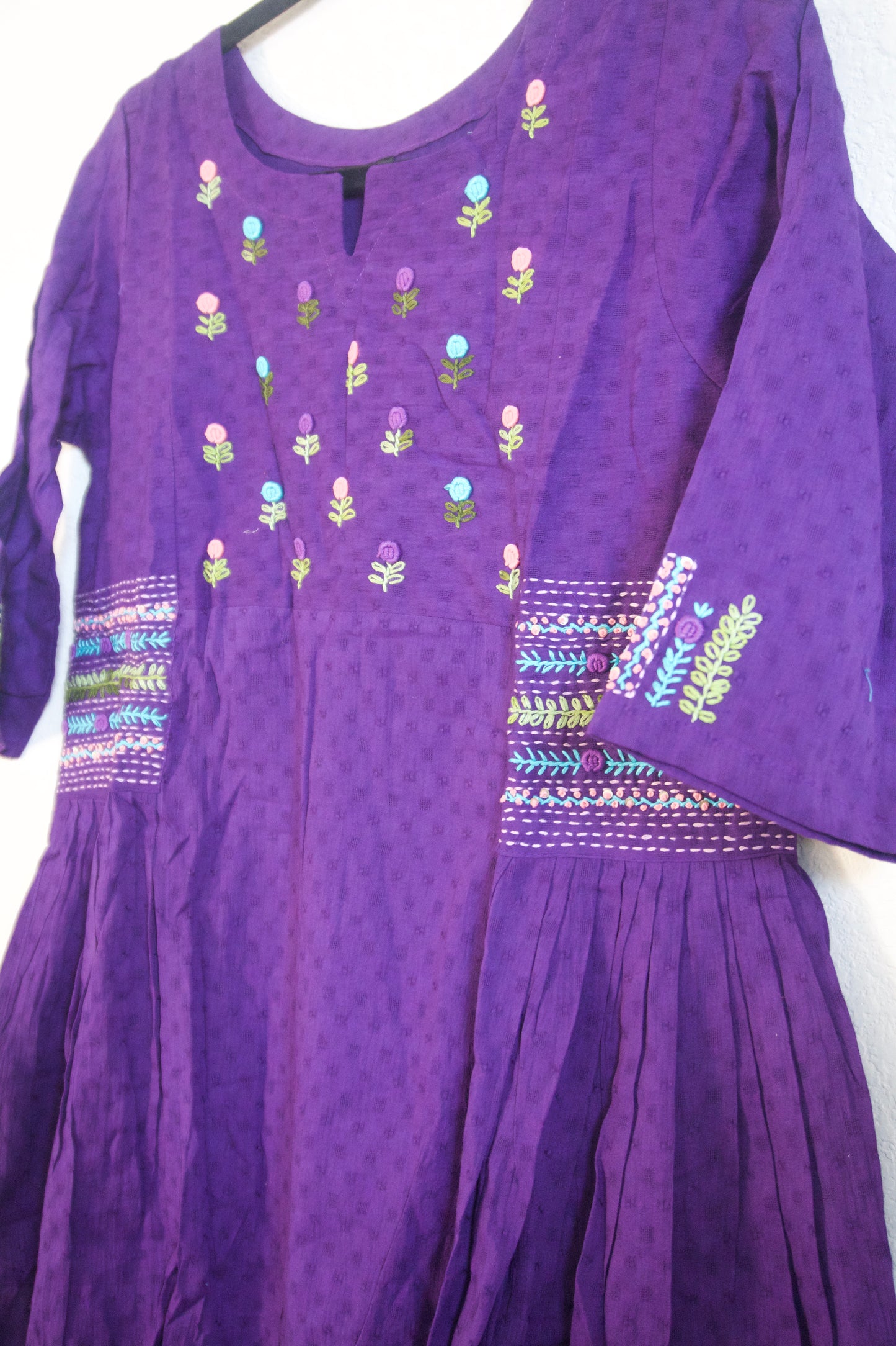Purple Cotton Weaving One Piece Dress with Hand Embroidery Work
