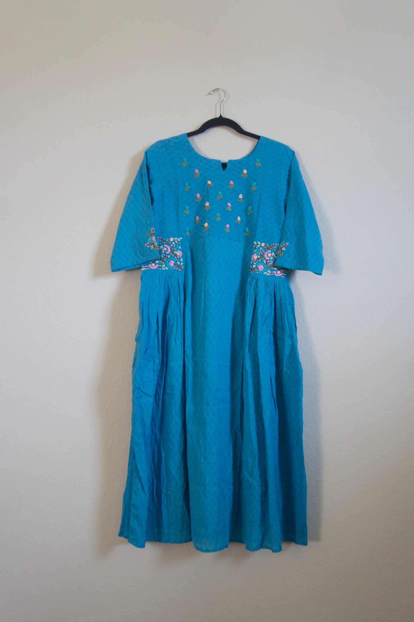 Sulphate Blue Cotton Weaving One Piece Dress with Hand Embroidery Work