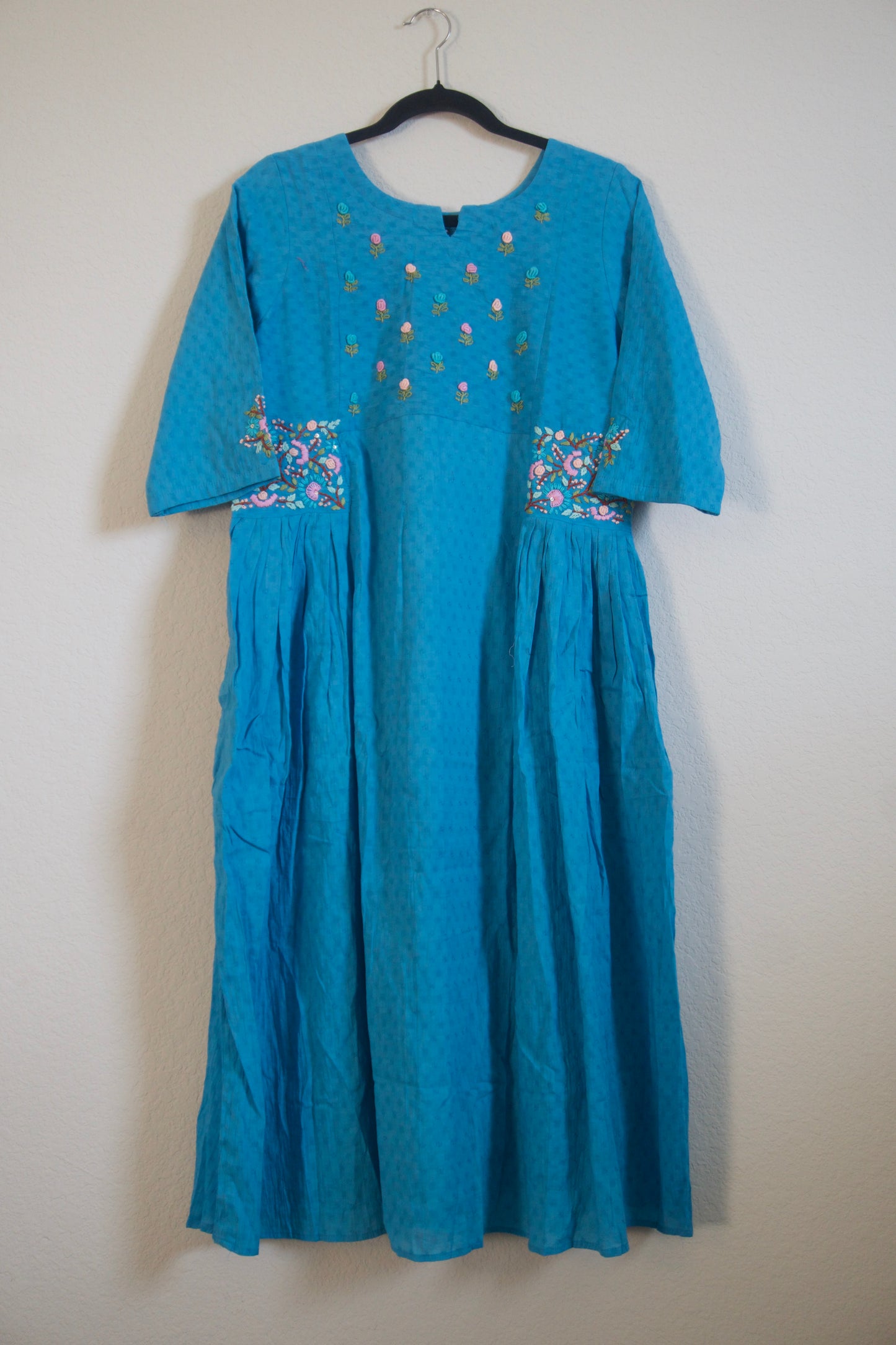 Sulphate Blue Cotton Weaving One Piece Dress with Hand Embroidery Work