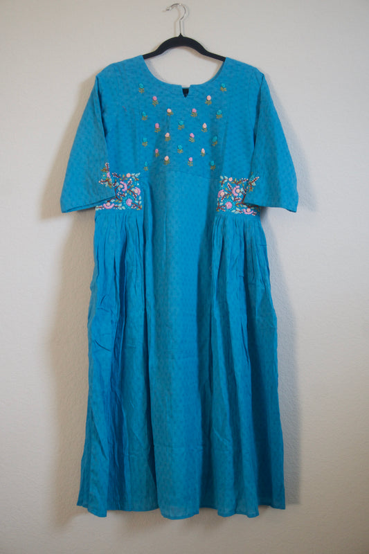 Sulphate Blue Cotton Weaving One Piece Dress with Hand Embroidery Work