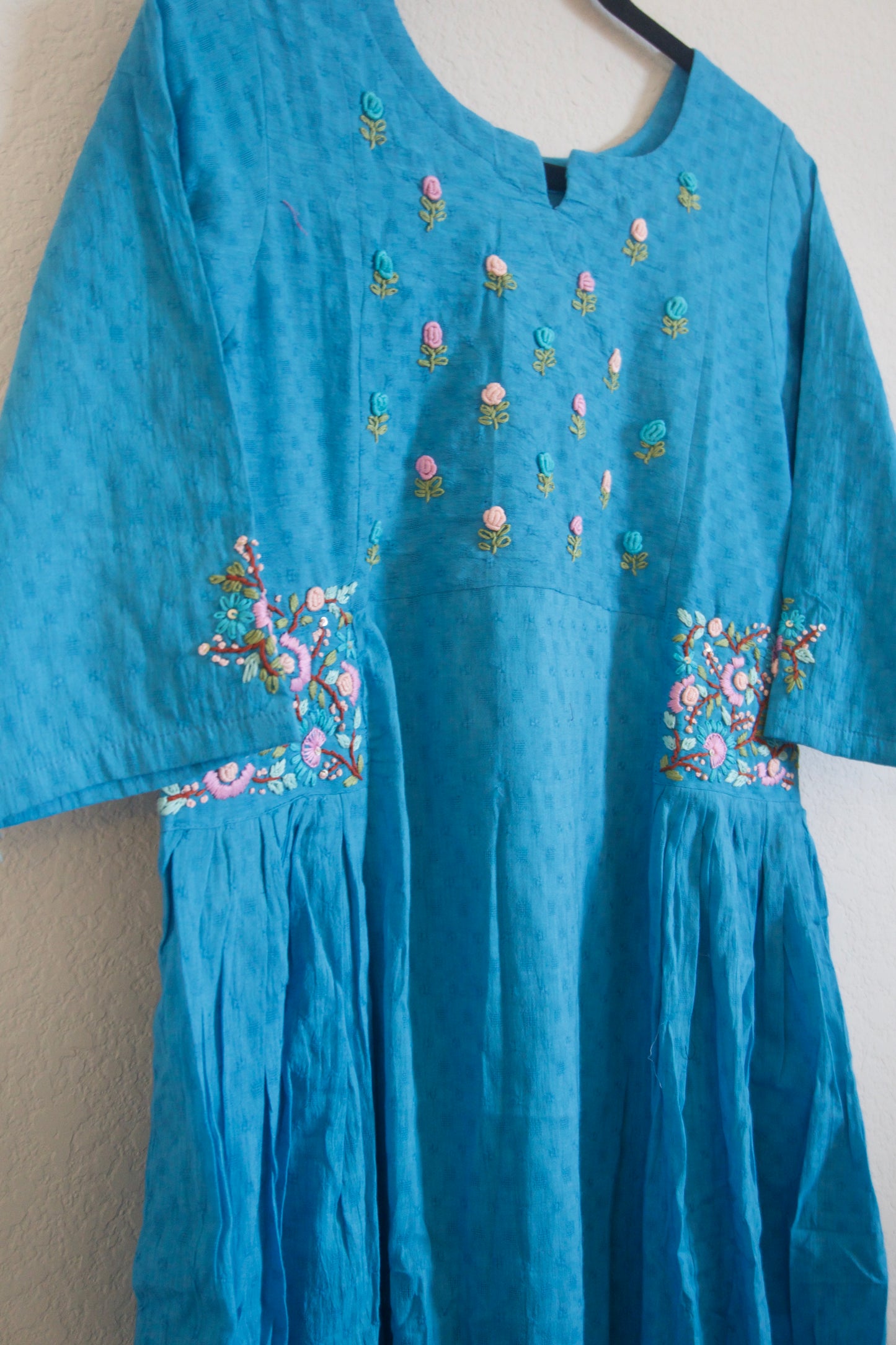 Sulphate Blue Cotton Weaving One Piece Dress with Hand Embroidery Work
