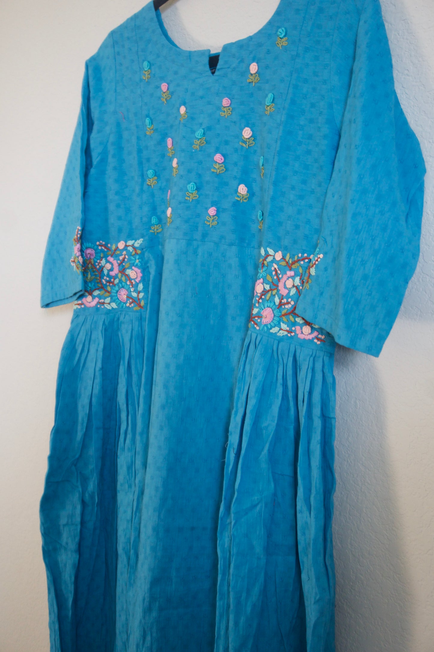 Sulphate Blue Cotton Weaving One Piece Dress with Hand Embroidery Work