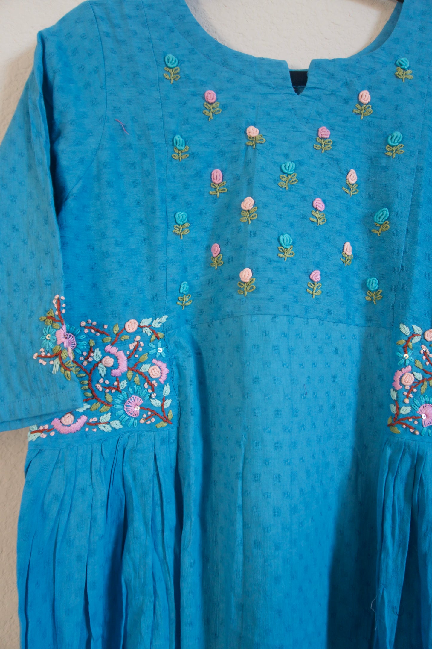 Sulphate Blue Cotton Weaving One Piece Dress with Hand Embroidery Work