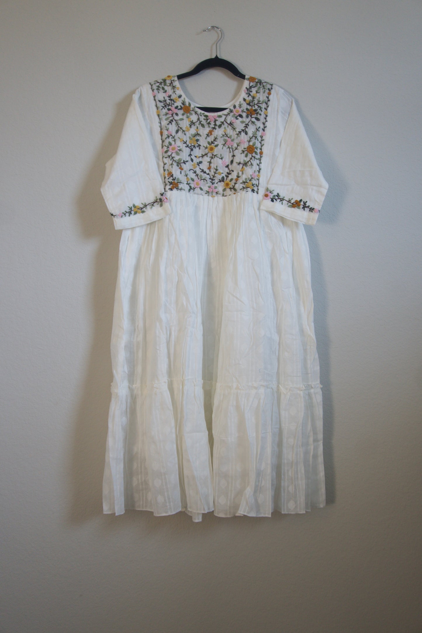 White Cotton Weaving One Piece Dress with Hand Embroidery Work