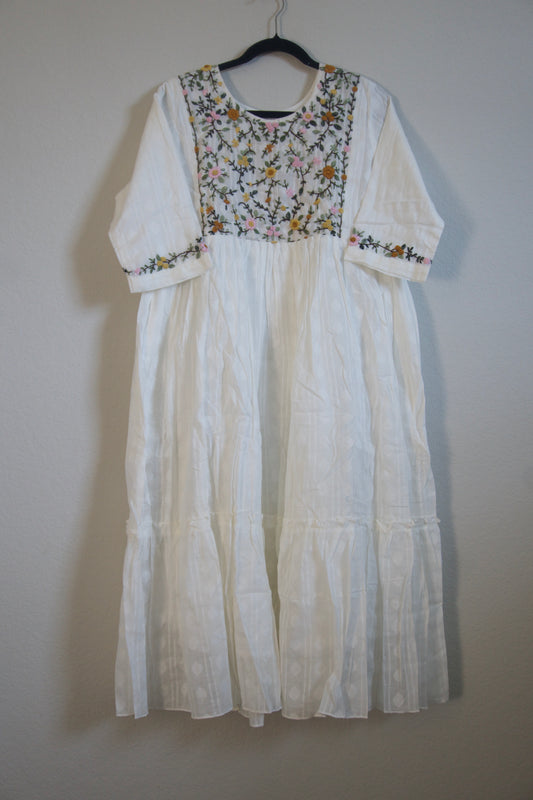 White Cotton Weaving One Piece Dress with Hand Embroidery Work