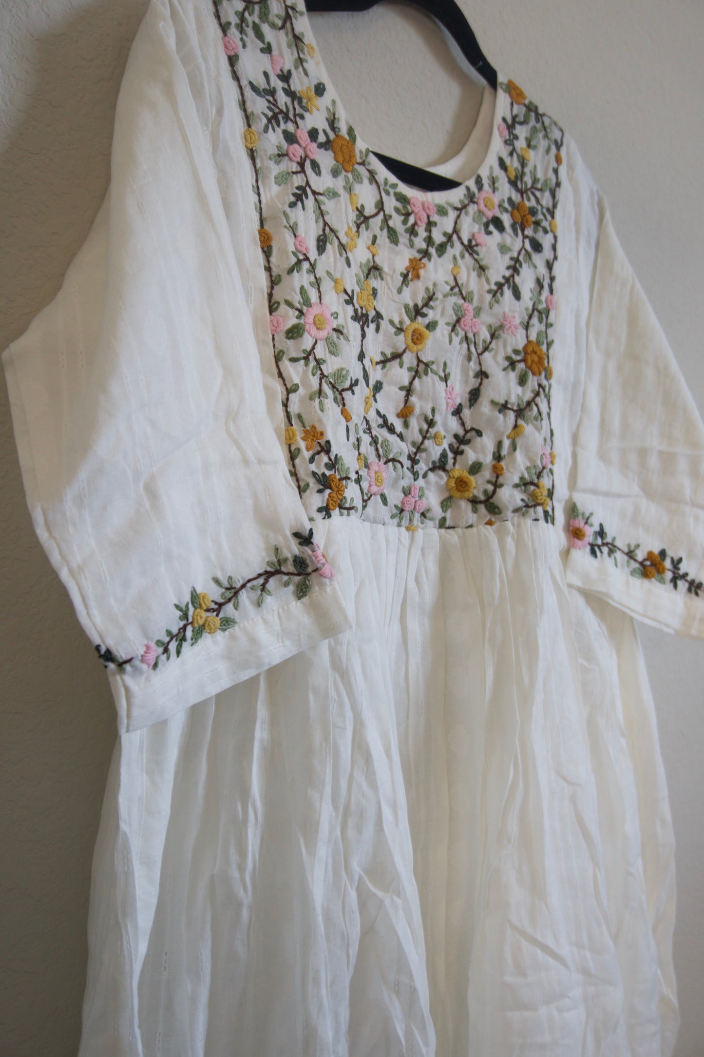 White Cotton Weaving One Piece Dress with Hand Embroidery Work
