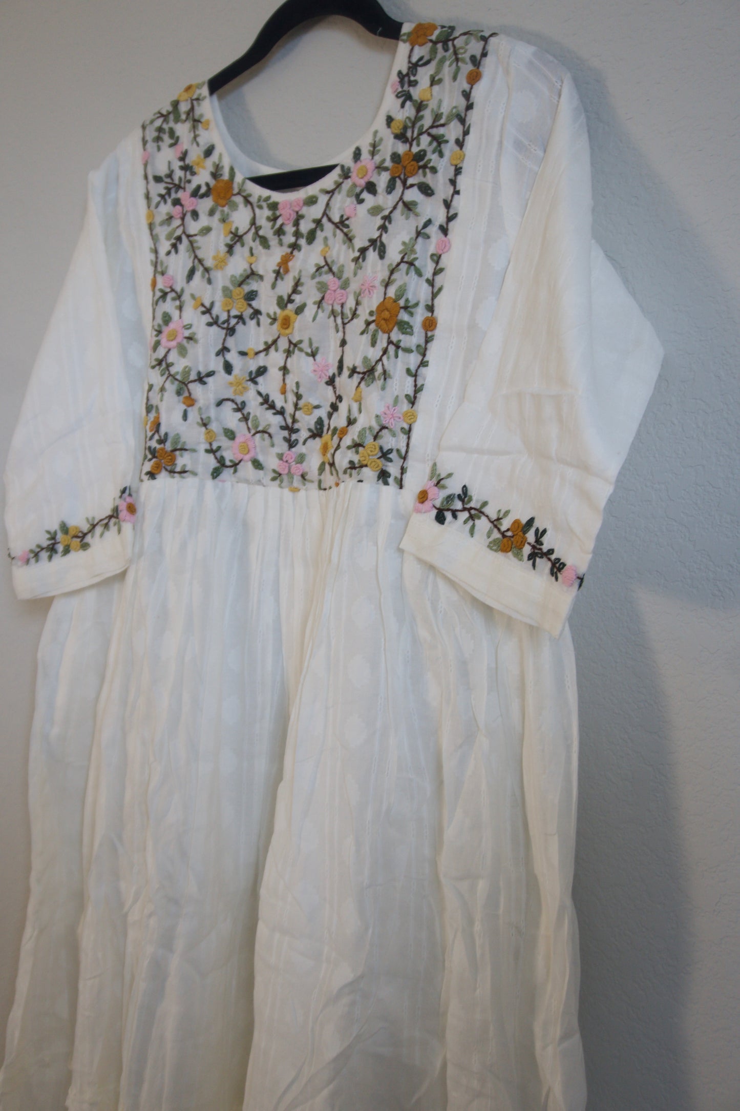 White Cotton Weaving One Piece Dress with Hand Embroidery Work